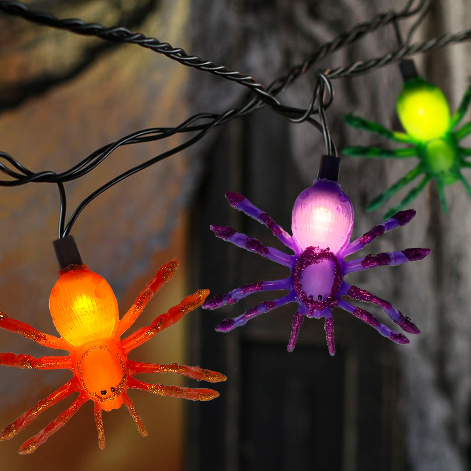 SUNSGNE Halloween Spider Lights - 8.5Ft String with 10 LED Spiders, Plug-in Hanging Lights for Party, Home, Garden & Yard Decor | Spooky Outdoor & Indoor Halloween Decoration for Porch, Window, Tree & Halloween Party Setup