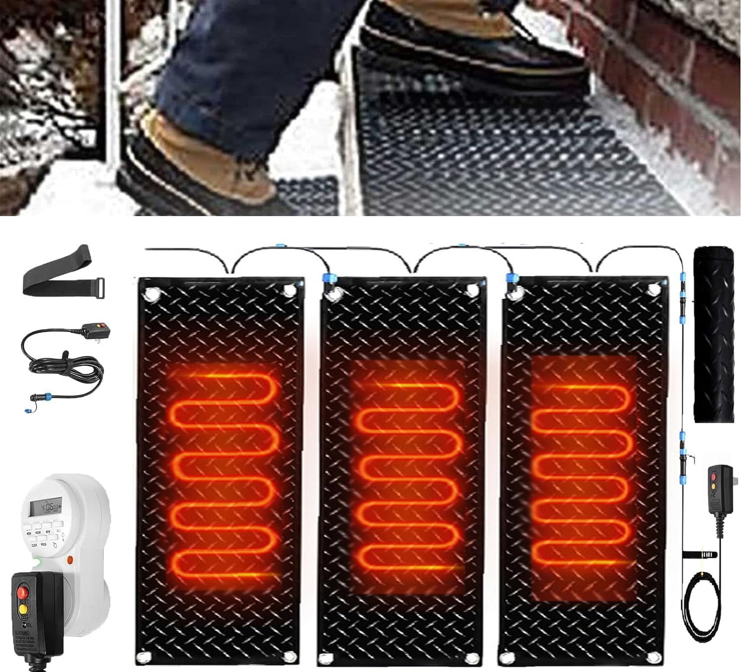 Heated Snow Melting Mat with Timer - Non-Slip Outdoor Stair Mats for Winter - 10x30in (25.4x76.2cm) - Set of 3 - Perfect for Stairs, Steps, Doorways, Walkways & Driveways - Keep Your Home Safe & Ice-Free This Winter