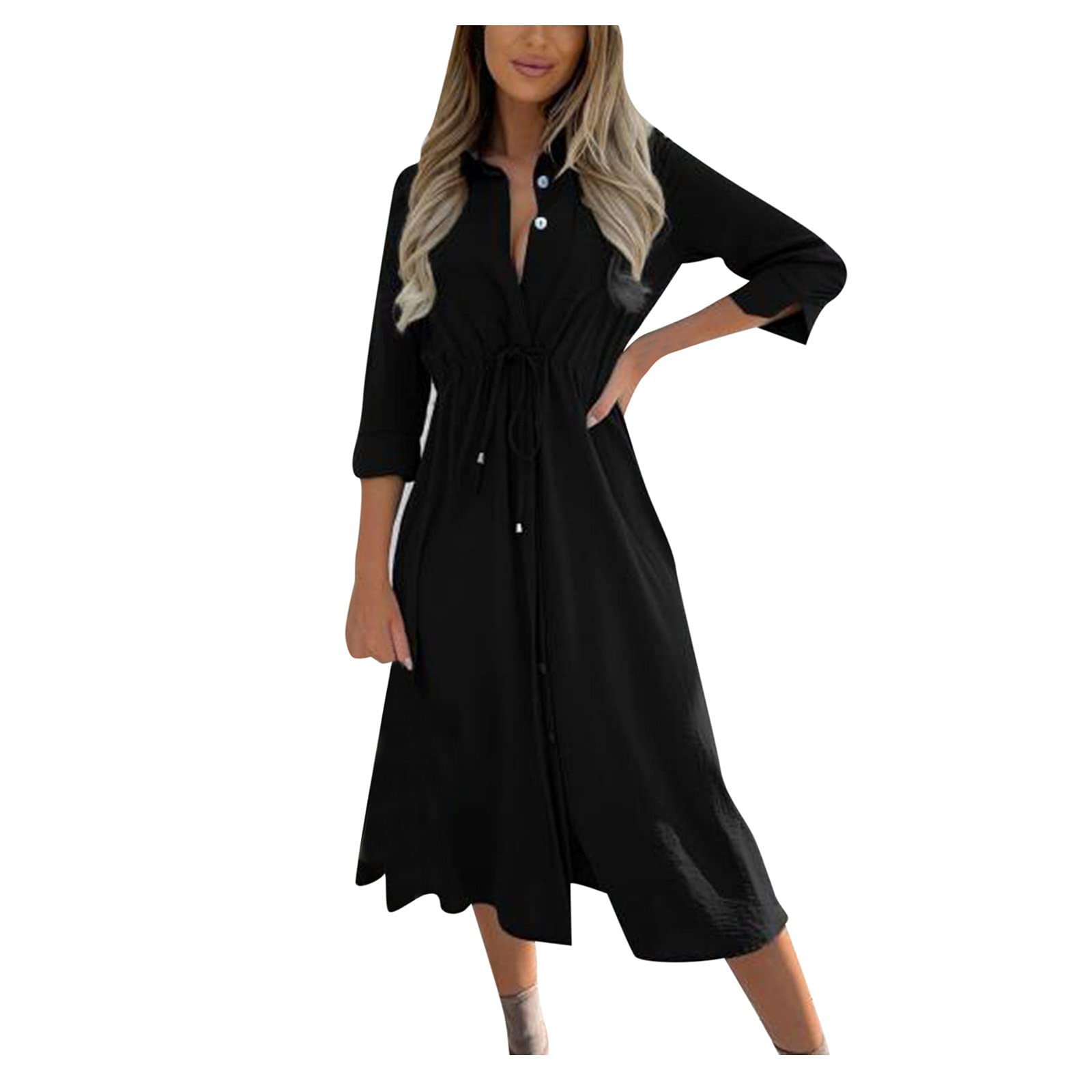 Women's Casual Lace-Up Waist Button Down Collar Half Sleeve Solid Color Dress for Evening Wear & Daily Outfits | Perfect for Office, Date Night and Special Occasions