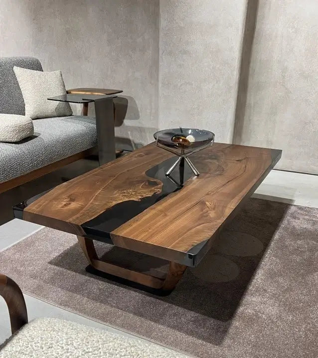 Modern Smoked Gray Resin Coffee Table with Solid Walnut Wood Legs - Stylish & Durable Living Room Furniture for Home Decor