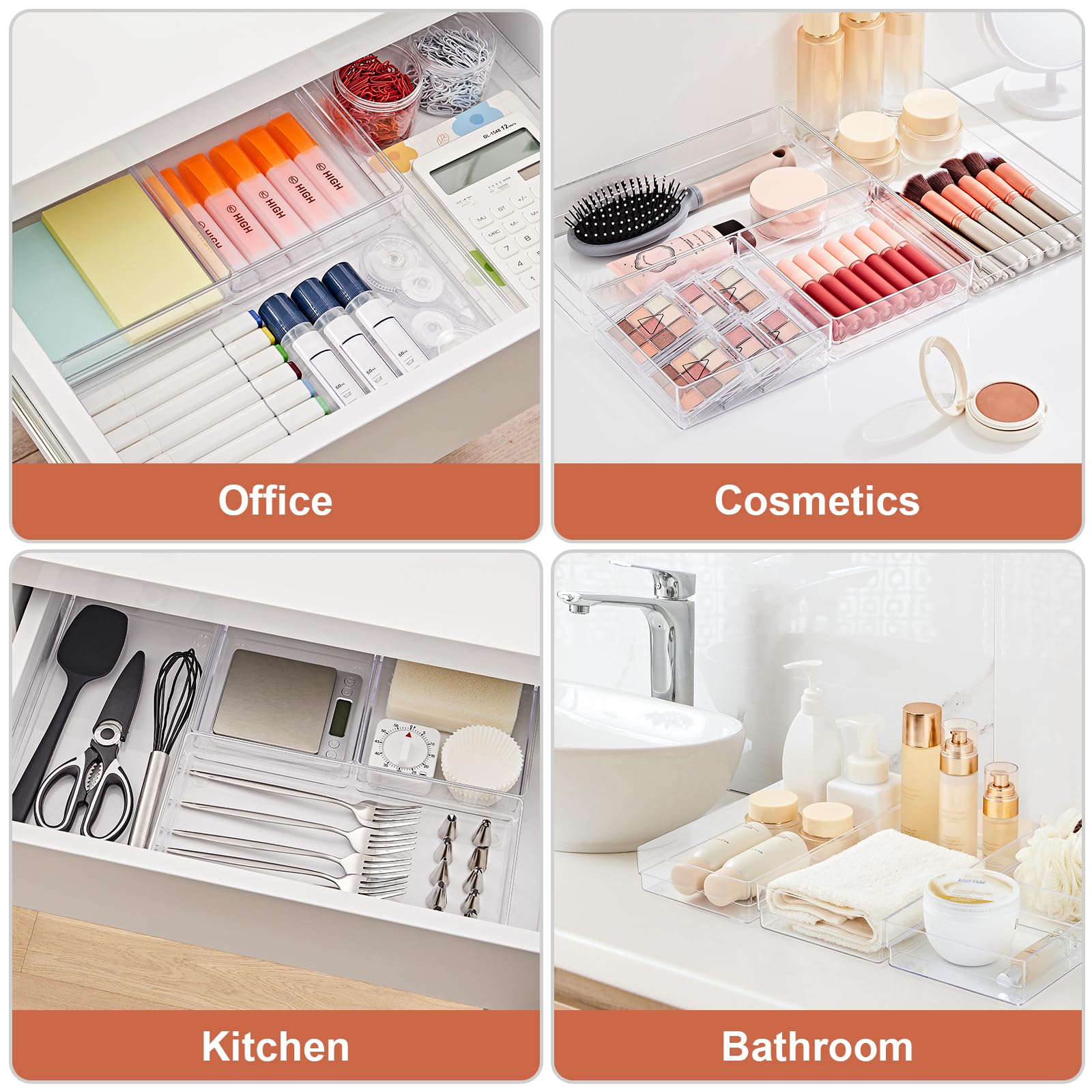 SMARTAKE 6-Piece Clear Plastic Drawer Organizer Set - Large Non-Slip Desk & Vanity Storage Trays for Makeup, Office Supplies, Kitchen Utensils (2 Sizes) | Perfect for Bathroom, Bedroom & Home Organization