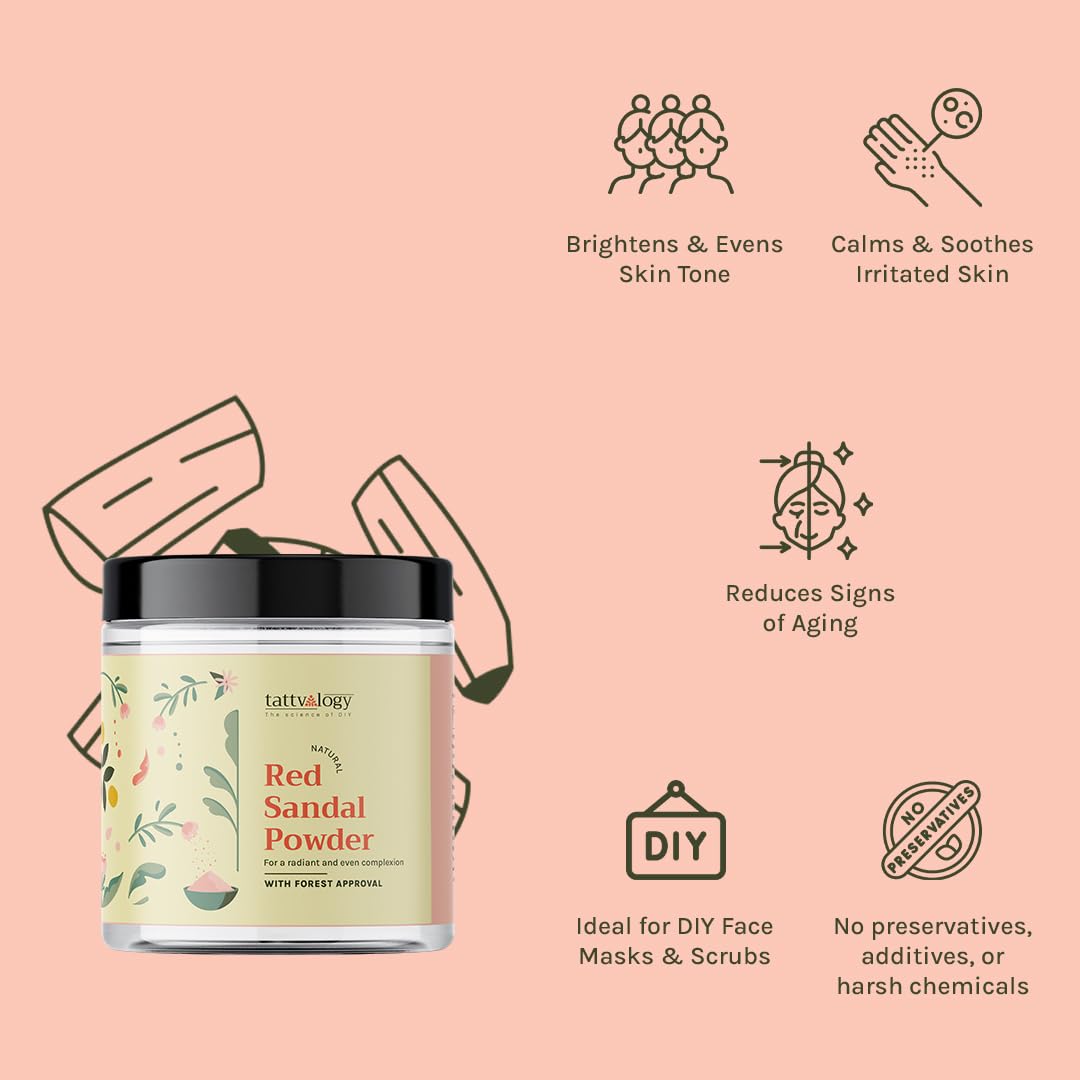 Tattvalogy Red Sandalwood Powder | 100% Pure Natural Lal Chandan for Skin Care | Reduces Blemishes, Acne & Brightens Dull Skin | Chemical-Free Face Pack for Detan & Glow | Glass Bottle 100g | Perfect for Puja Rituals & DIY Beauty Treatments