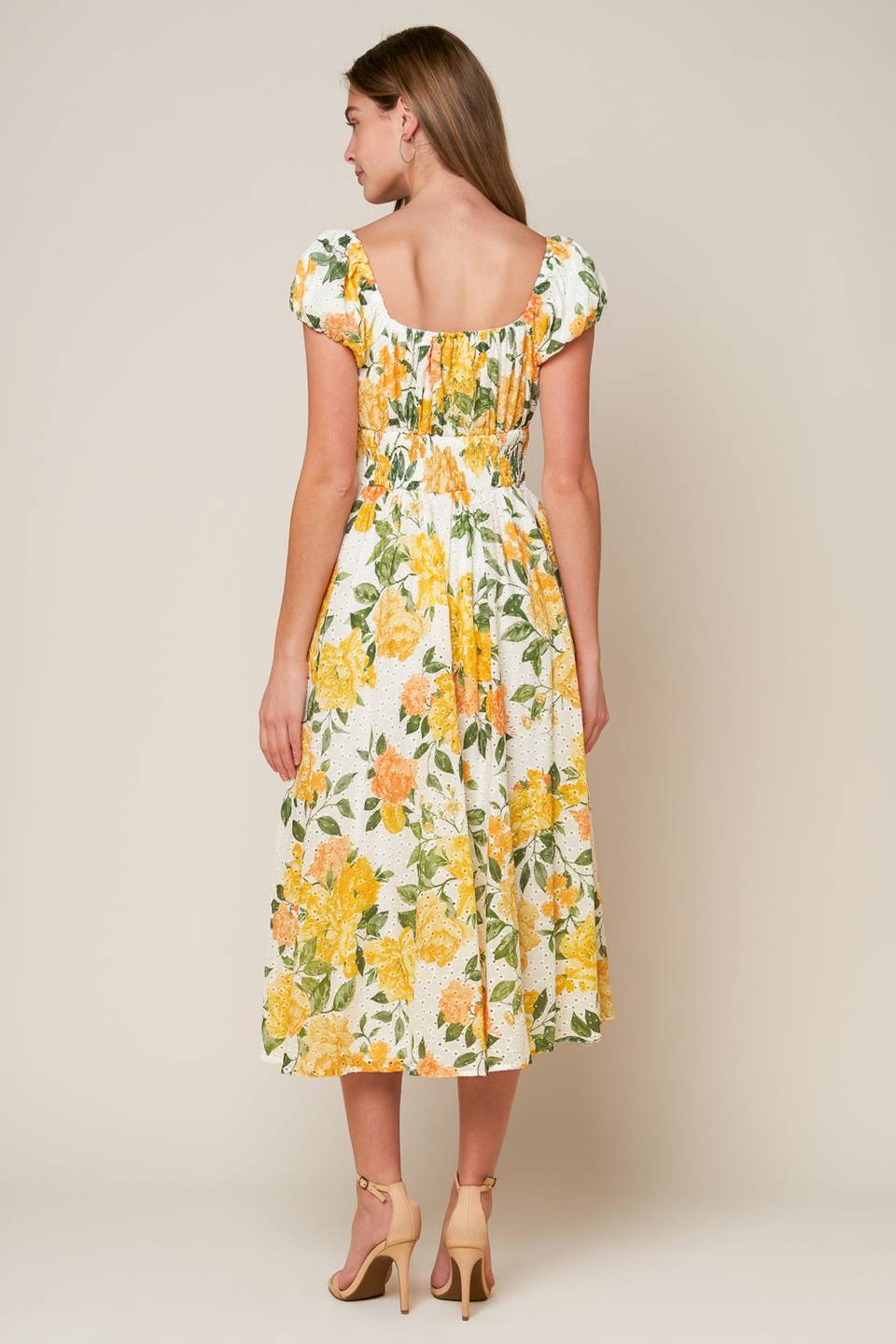 Garden of Dreams Yellow Eyelet Midi Dress - Perfect for Summer Weddings, Beach Vacations & Casual Outings