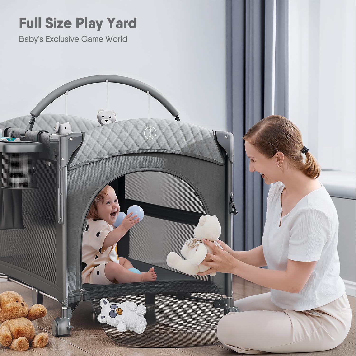 4 in 1 Baby Bassinet with Mattress - Portable Pack and Play, Bedside Crib Sleeper & Diaper Changer | Includes Mosquito Net, Storage Basket & Toy Bar | Perfect for Newborn to Toddler Nursery, Bedroom & Travel