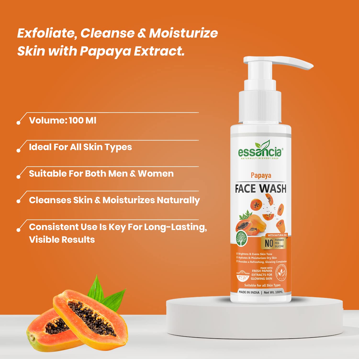 Essencia Papaya Face Wash - Deep Cleansing, Exfoliating & Hydrating Facial Cleanser | Paraben-Free, Silicone-Free | For Men & Women (100ml) | Perfect for Daily Skincare Routine & Acne-Prone Skin