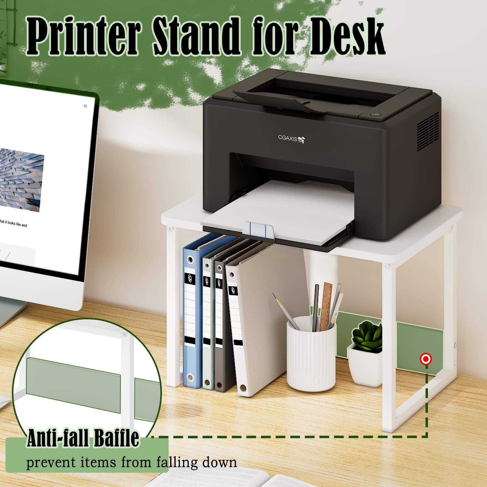 Heavy Duty White Printer Stand with Storage Shelf - Under Desk Organizer for Home & Office - Compatible with Fax Machine, Copier, Scanner - Perfect Workspace Solution for Small Spaces & Clutter-Free Desks
