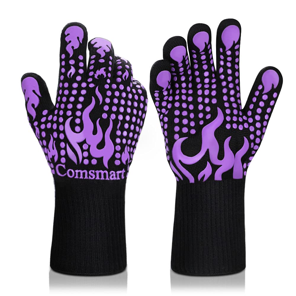 Heat Resistant BBQ Gloves - 1472°F Silicone Non-Slip Oven Mitts for Grilling, Cooking & Baking | Extra Long Kitchen Gloves for Barbecue, Smoking, Camping & Outdoor Cooking (Purple)