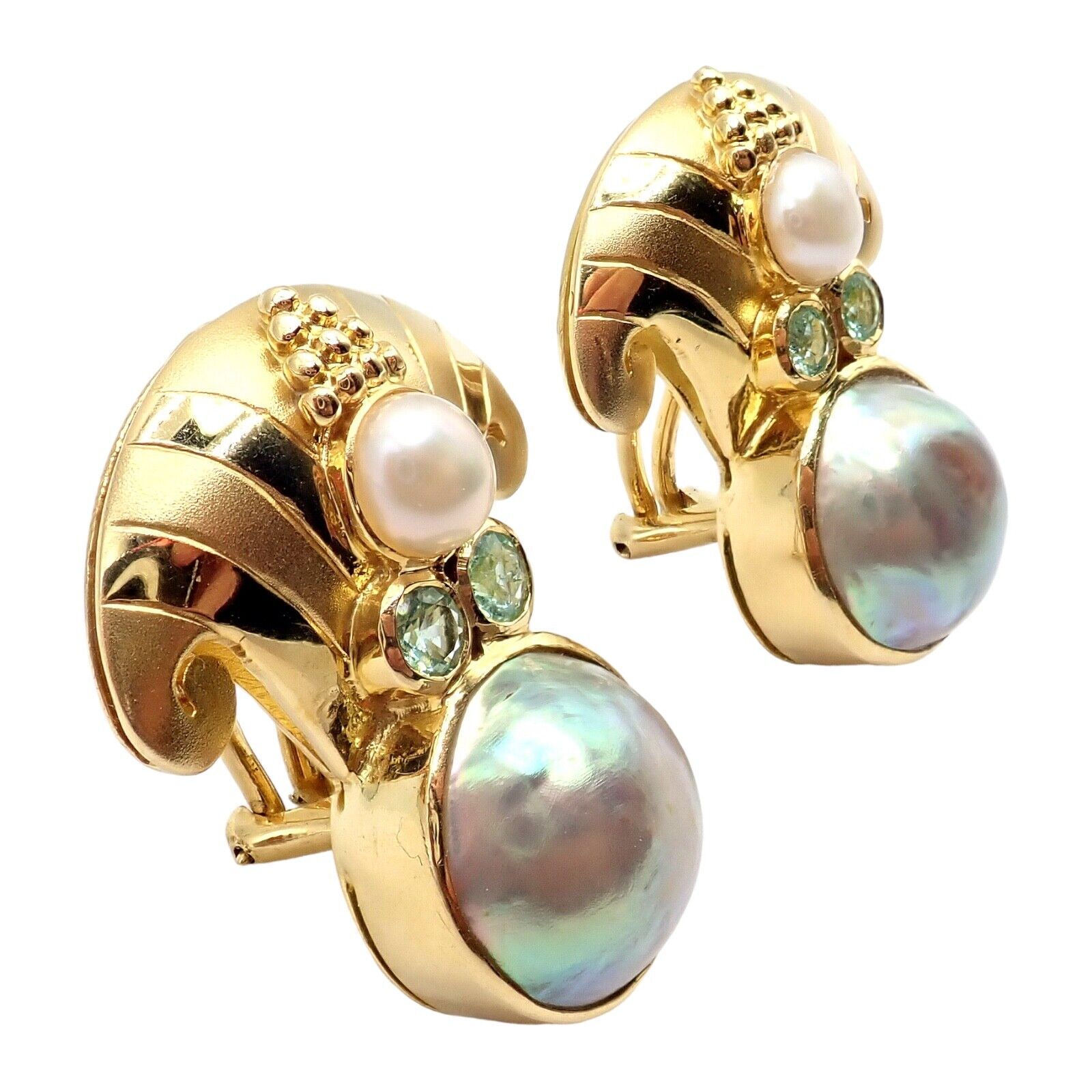 Exquisite Vintage Paula Crevoshay 18K Gold Abalone Pearl & Blue Gemstone Earrings - Unique Handmade Jewelry for Women - Perfect for Weddings, Anniversaries & Special Occasions
