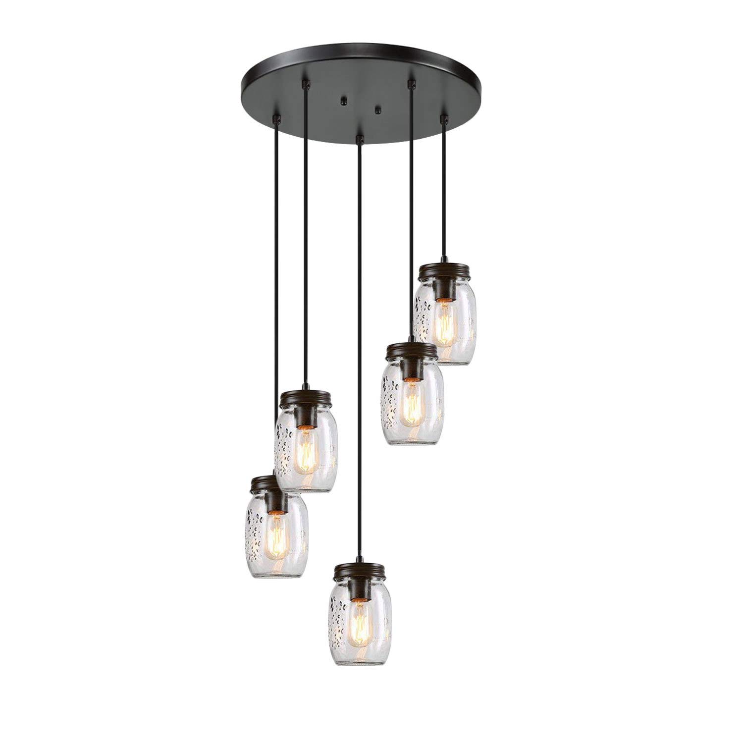 Rustic 5-Light Mason Jar Chandelier - Farmhouse Pendant Lighting for Kitchen Island & Dining Room - Perfect for Country Style Home Decor & Cozy Dining Ambiance