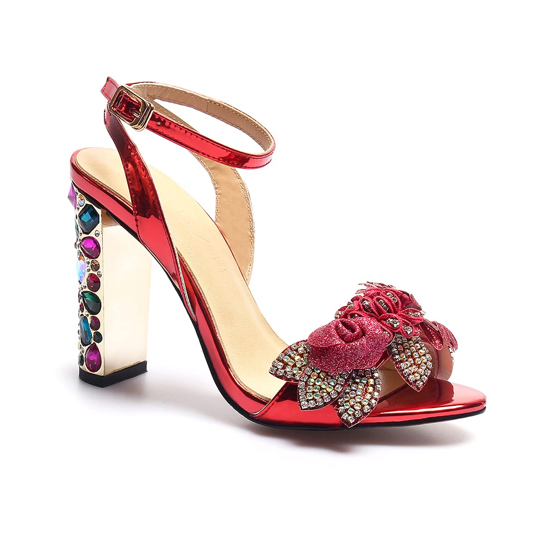 Stylish Designer Evening Gold Open-Toe Rhinestone Heels for Women - Formal Wedding Sandals with Jewel Block Heels & Clear Sole - Perfect for Prom, Parties, and Special Occasions