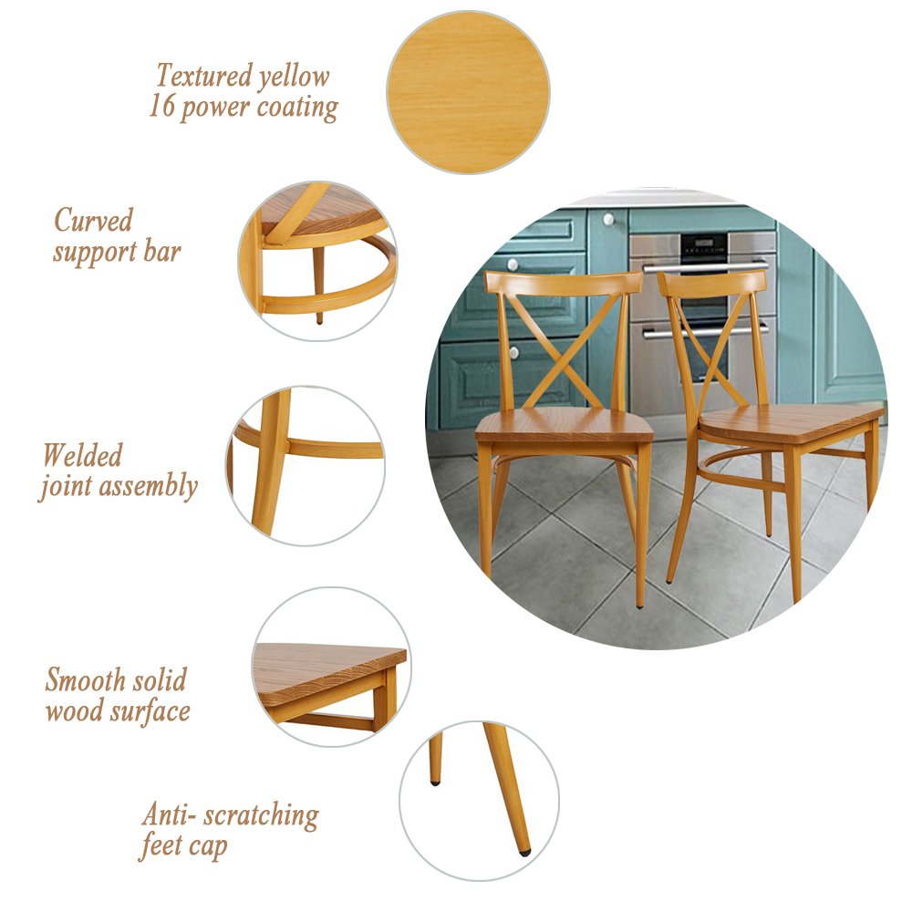 2 Pack Stackable Metal Dining Chairs with Solid Wood Seat - Indoor/Outdoor Kitchen & Restaurant Chairs for Home, Cafe, and Patio Use - Yellow