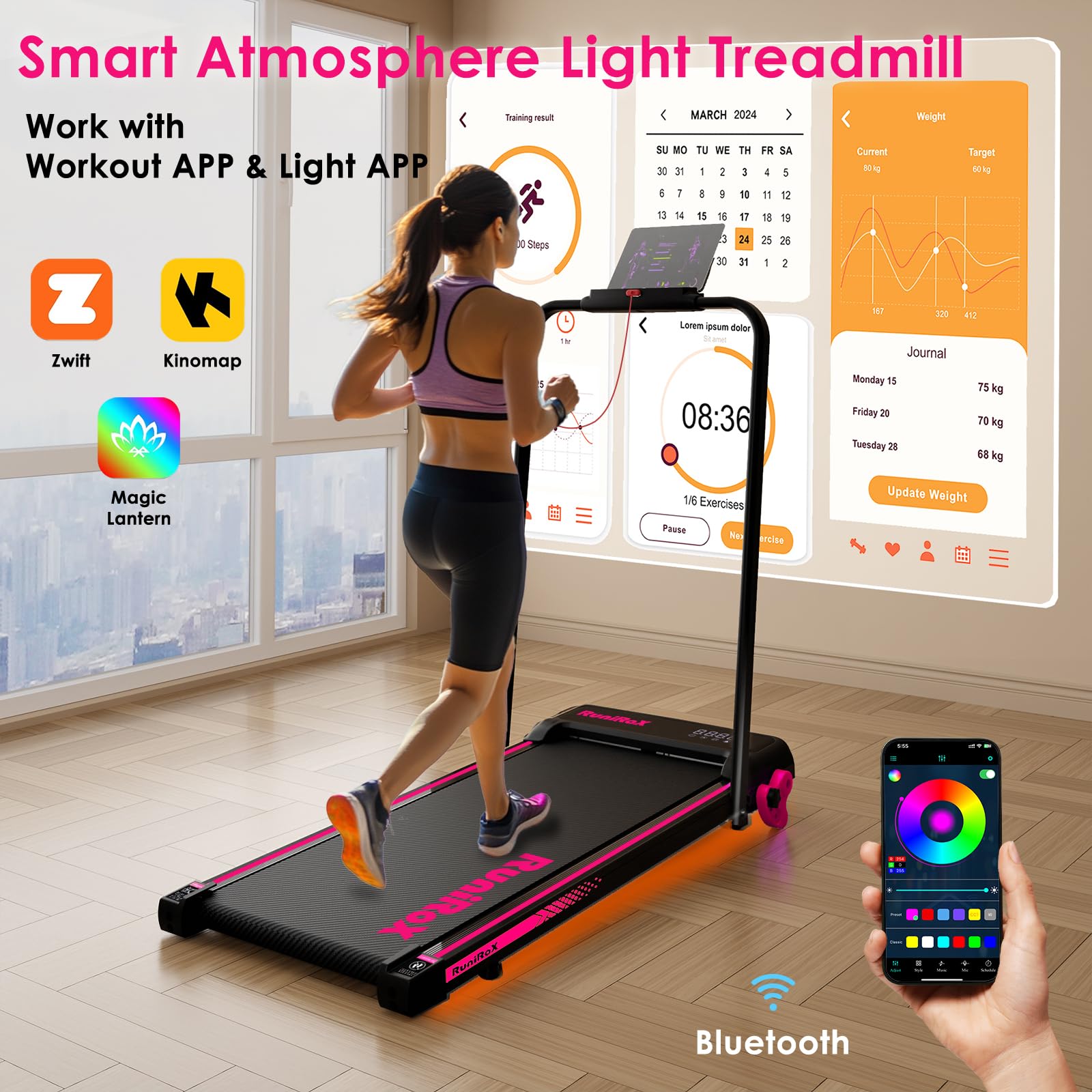 3-in-1 Portable Walking Pad Treadmill with Incline & LED Lights - Under Desk Treadmill for Home Office with Smart APP Control & LED Display - Perfect for Small Spaces, Work from Home & Apartment Workouts