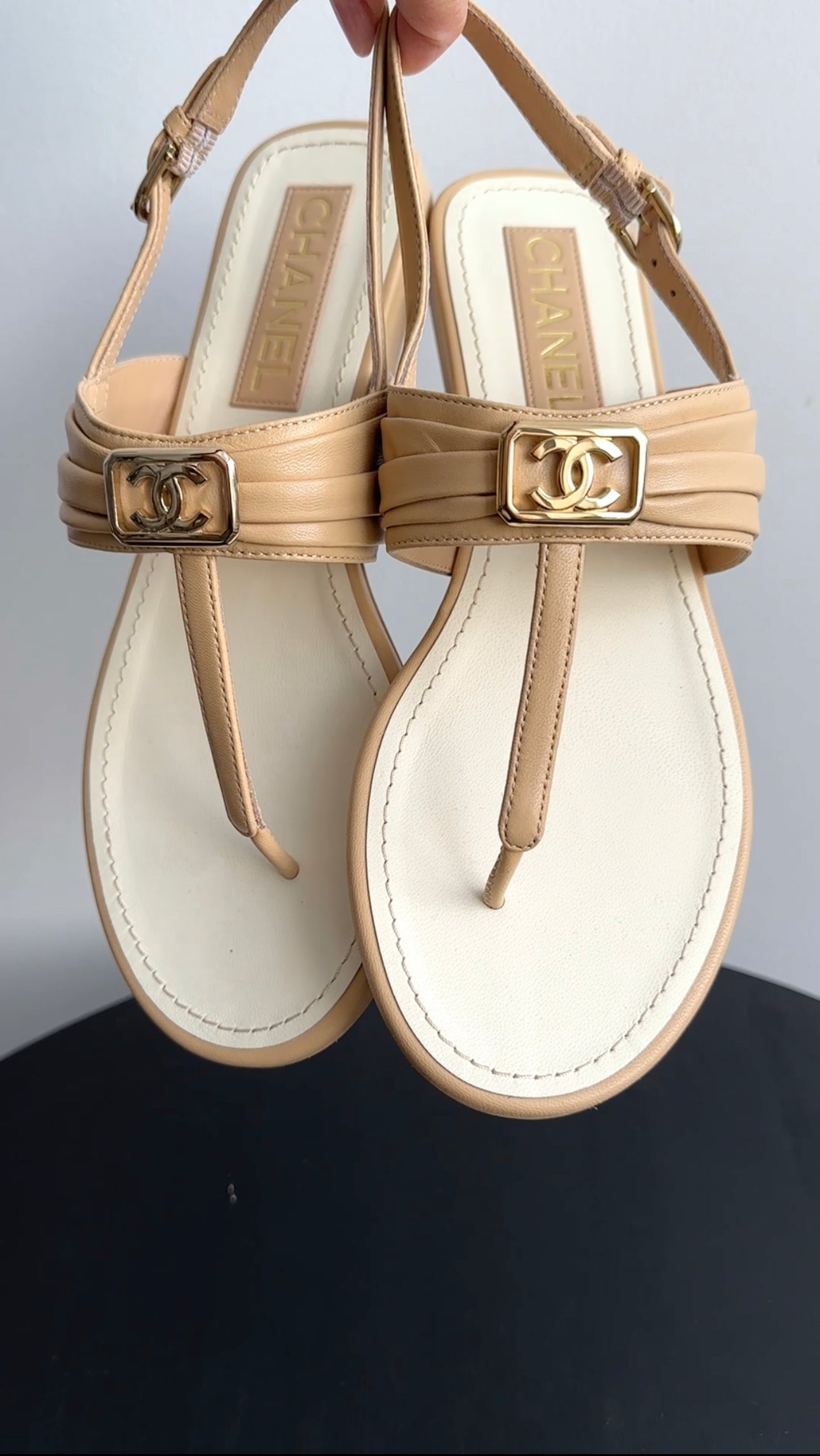 Chanel Beige Leather CC Logo Thong Sandals Size 37.5 - Luxury Designer Flip Flops for Women | Perfect for Beach, Poolside & Summer Vacations