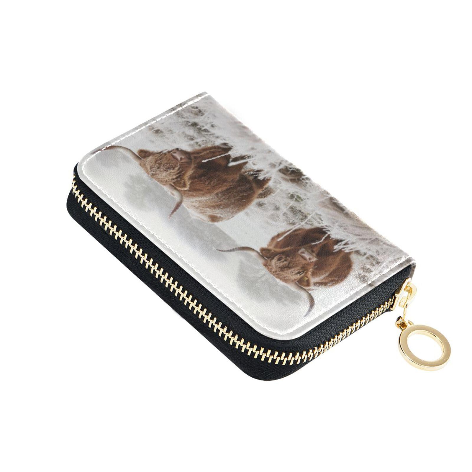 Premium RFID Blocking Leather Credit Card Holder - Scottish Highland Cow Design with Zipper - Stylish Women's Wallet for Travel & Everyday Use