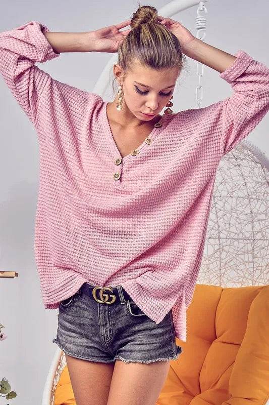 Bibi Popcorn Waffle Top with Buttoned Placket in Blush Pink - Women's Casual Blouse for Work, Date Night & Everyday Wear