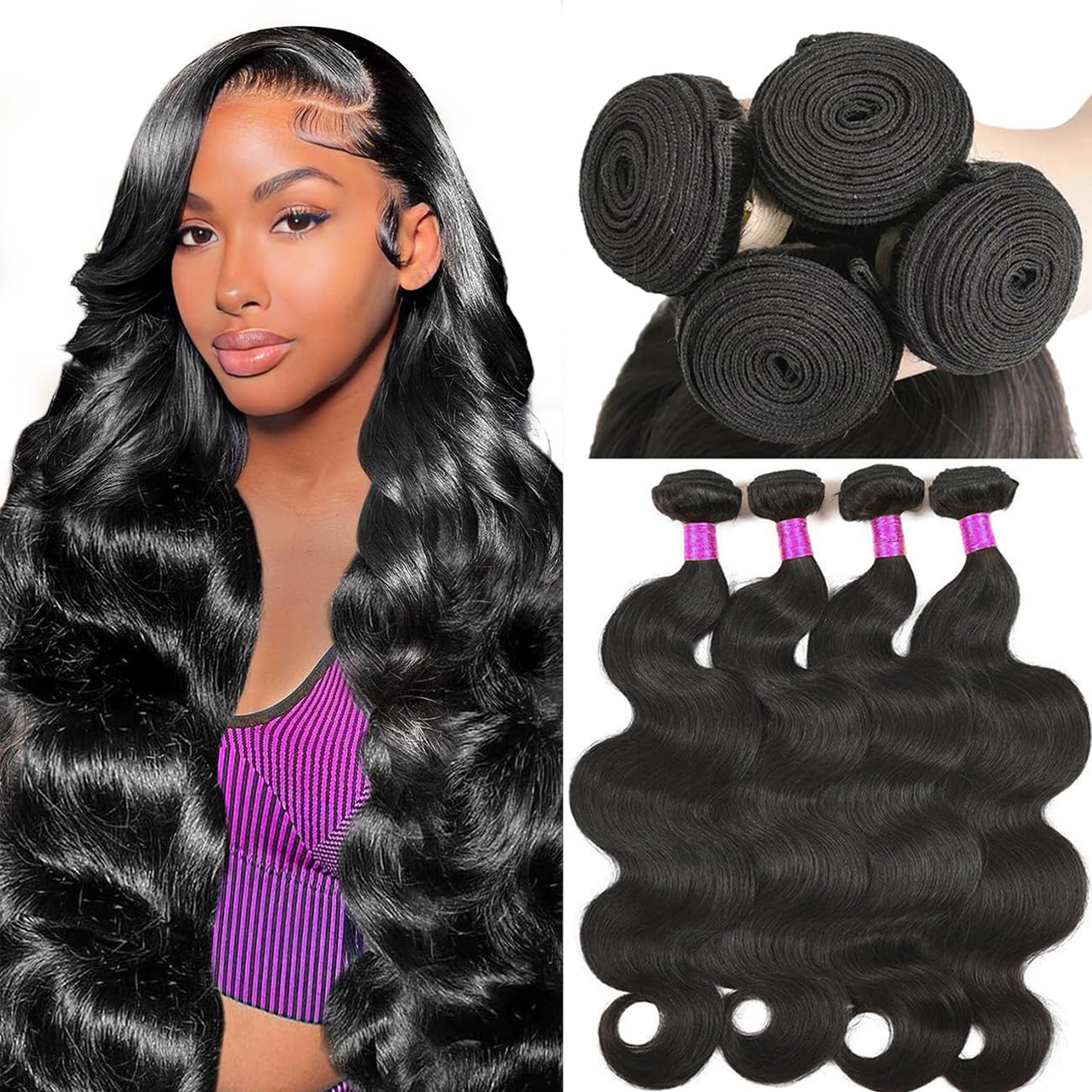 20 22 24 26 Inch Body Wave Human Hair Bundles - 100% Unprocessed Brazilian Virgin Hair Extensions (4 Bundles) for Women - Natural Black Color | Perfect for Styling, Weaving, and Everyday Wear