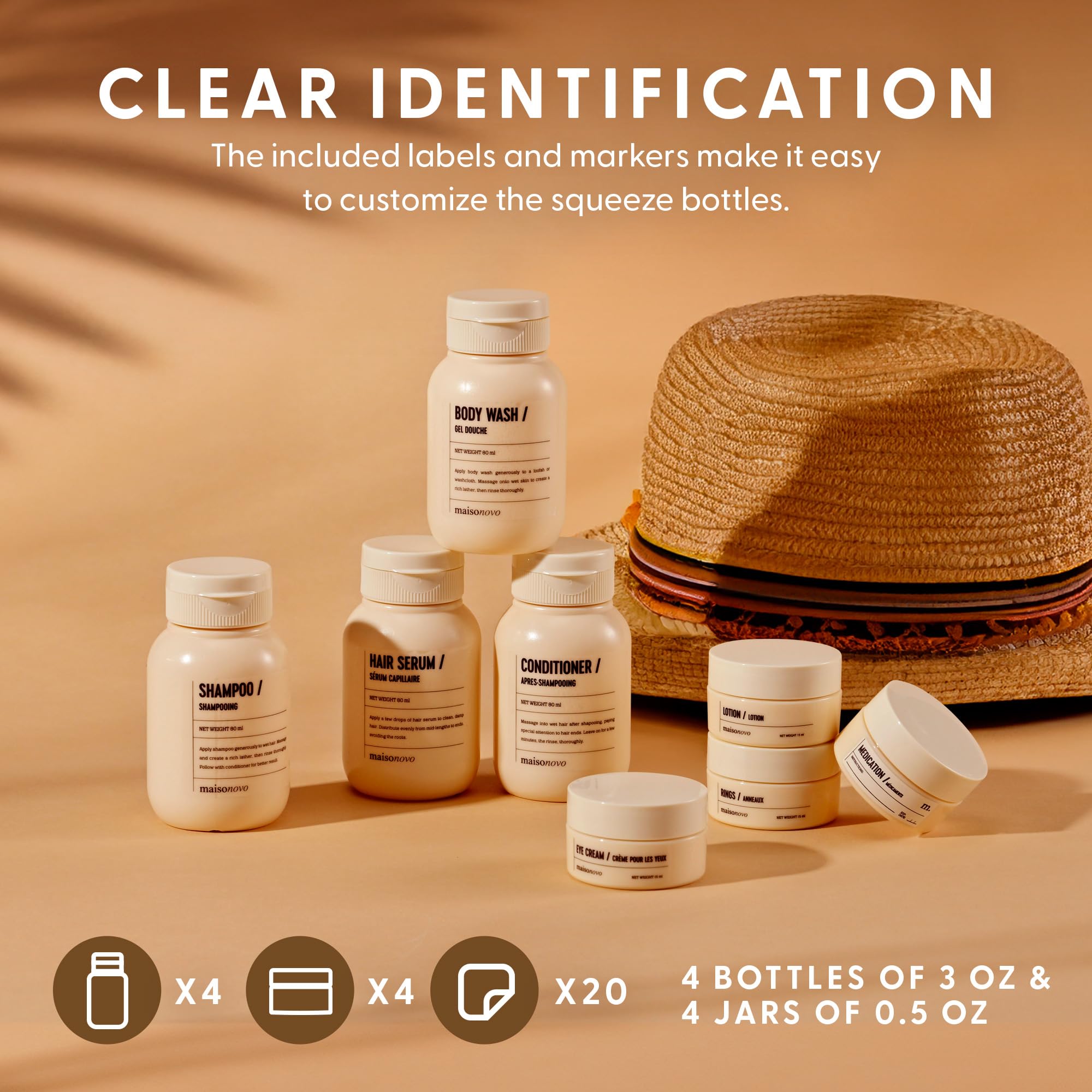 MAISONOVO TSA Approved Travel Bottles for Toiletries - 4-Pack Leak Proof Refillable Containers with Waterproof Toiletry Bag | Perfect for Airplane Carry-On, Gym, Camping & Vacation Essentials