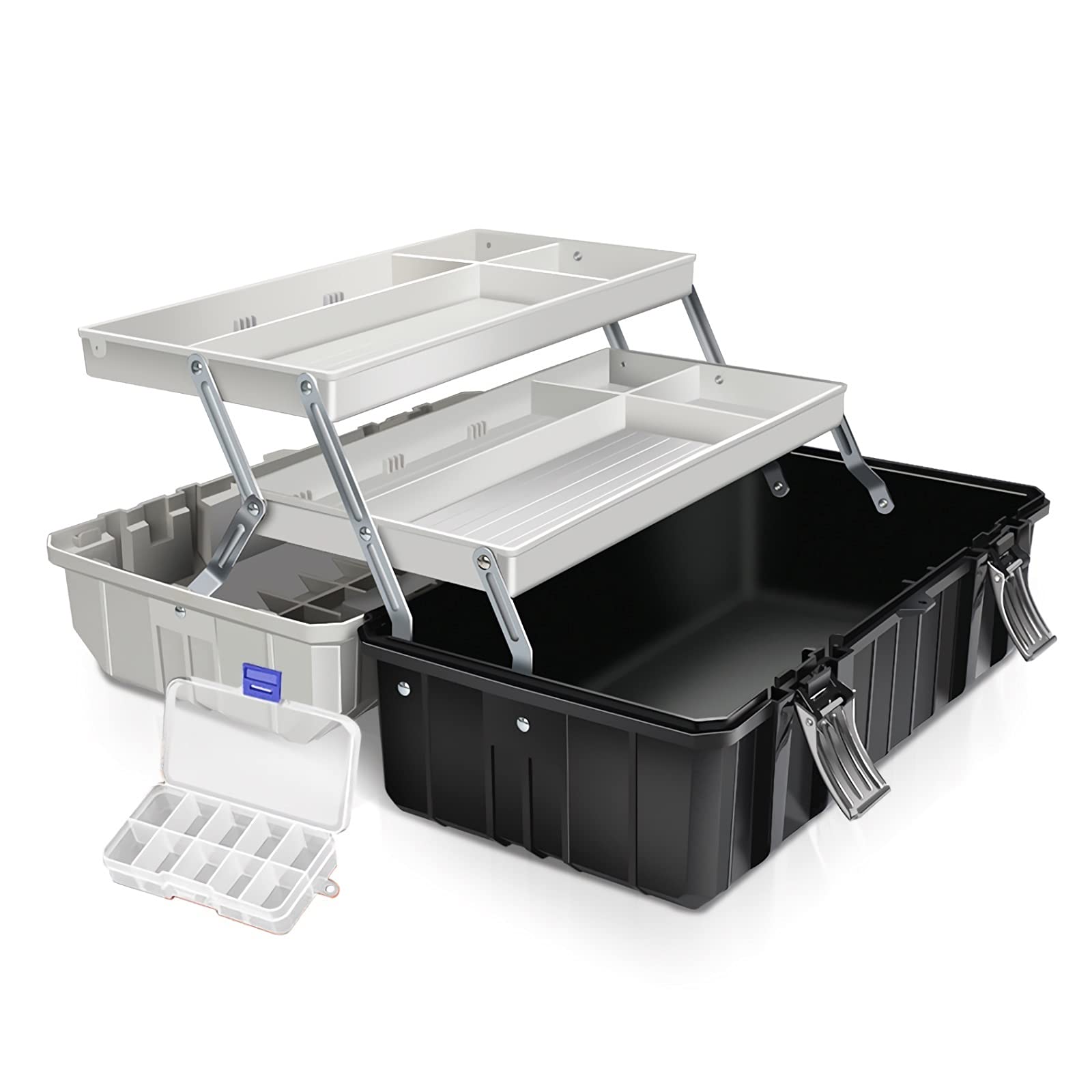 3-Layer Folding Tray Portable Tool Box - Heavy Duty Plastic Tool Organizer for Electricians & DIY, Multi-Function Hardware Storage Case for Home & Workshop (17 Inch, Black) - Perfect for Small Parts Organization & On-the-Go Repairs