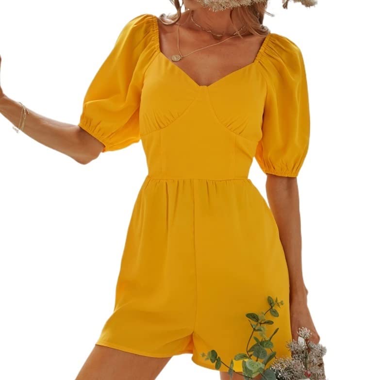 Stylish Puff Sleeve Jumpsuit for Women - V-Neck High Waist Open Back Romper with Loose Short Sleeves | Casual Summer Outfit for Beach, Party & Date Night
