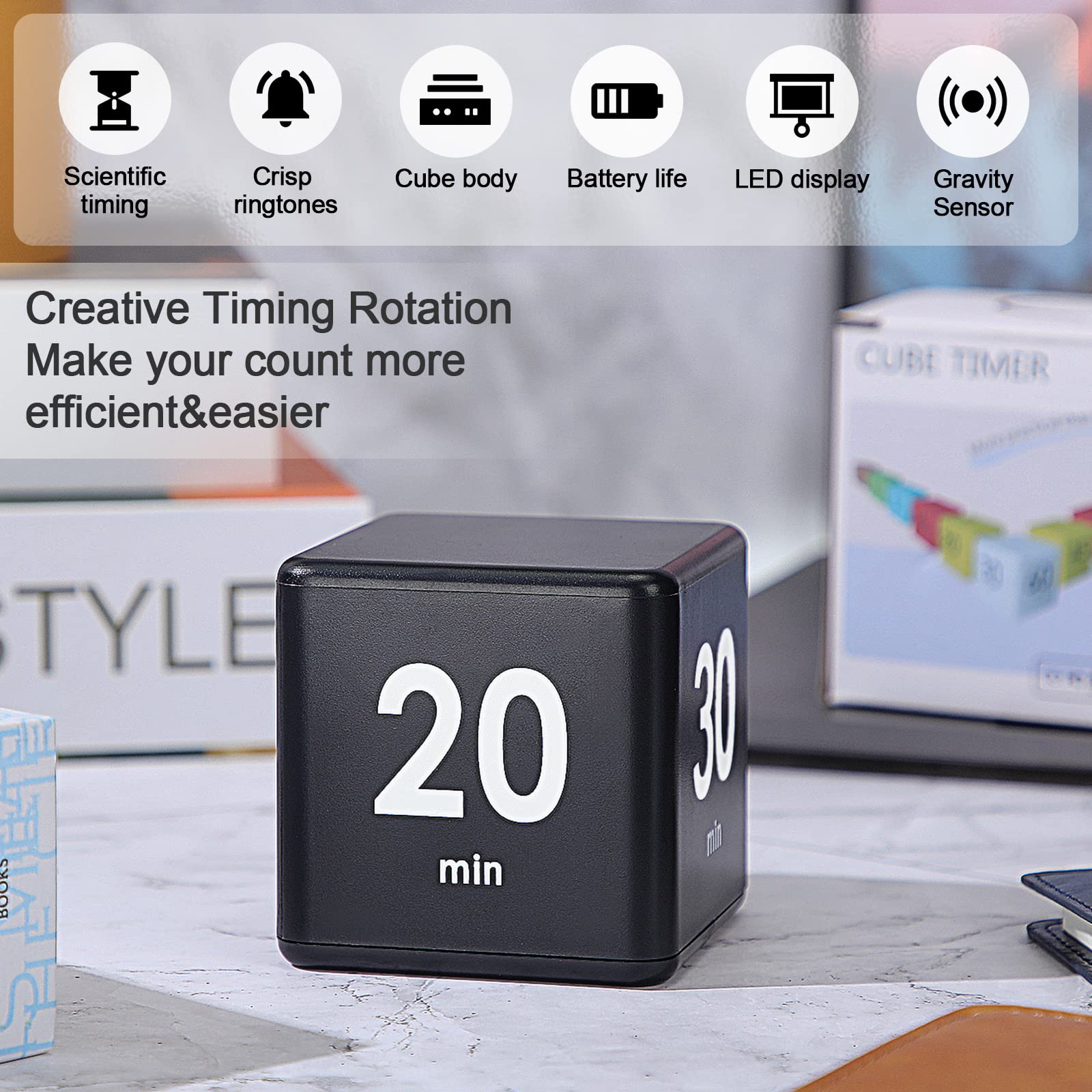 Weewooday Cube Timer Block - ADHD Focus Timer with Gravity Sensor for Productivity, Workouts & Learning - 15/20/30/60 Minute Countdown - 2.6 Inch Black Desk Timer for Kitchen, Office & Study Time Management