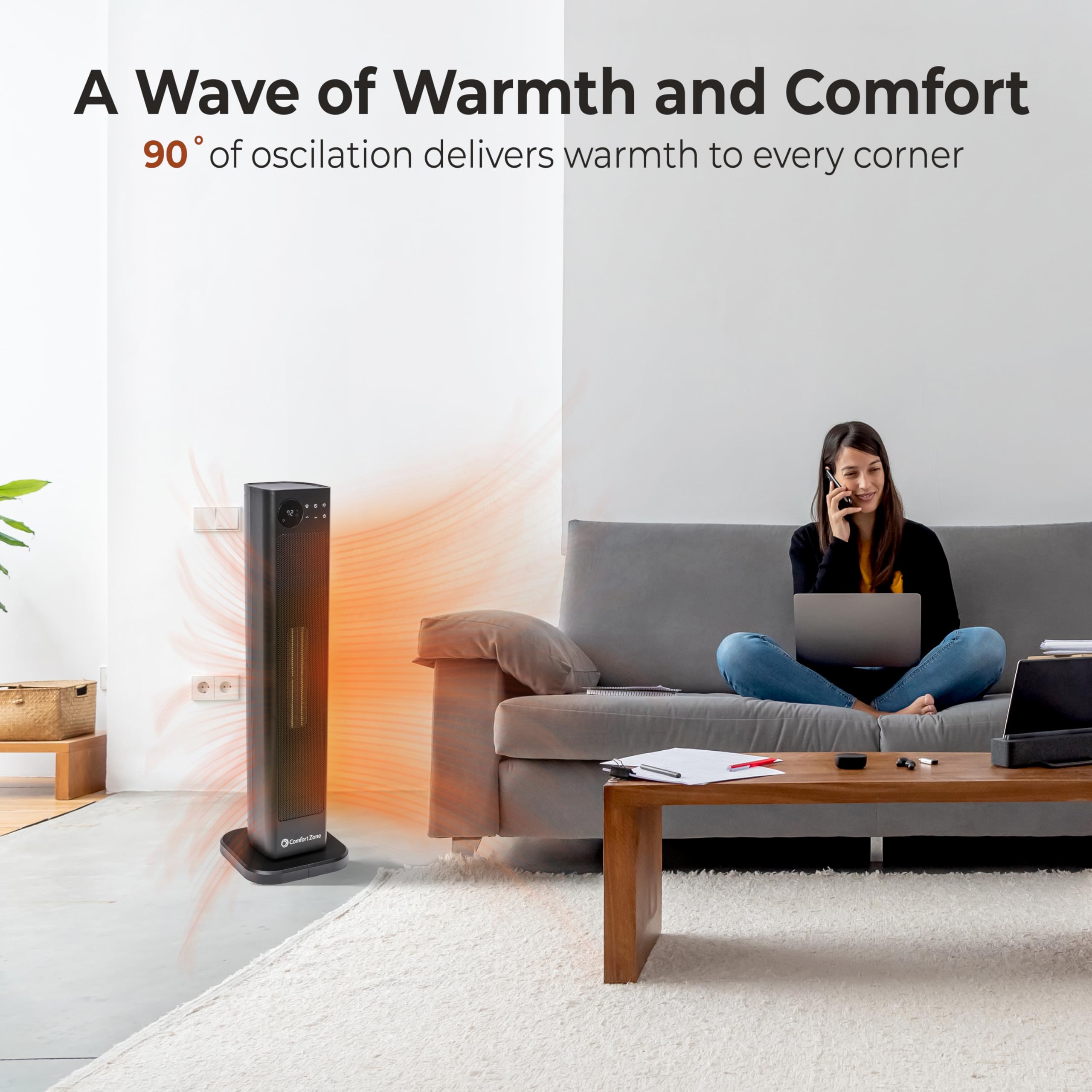 Comfort Zone 1500W Portable Space Heater for Indoor Use - 30 Inch, Remote Control, Adjustable Thermostat, 12H Timer, 90° Oscillation, Temperature Display - Perfect for Bedroom, Office & Home Heating