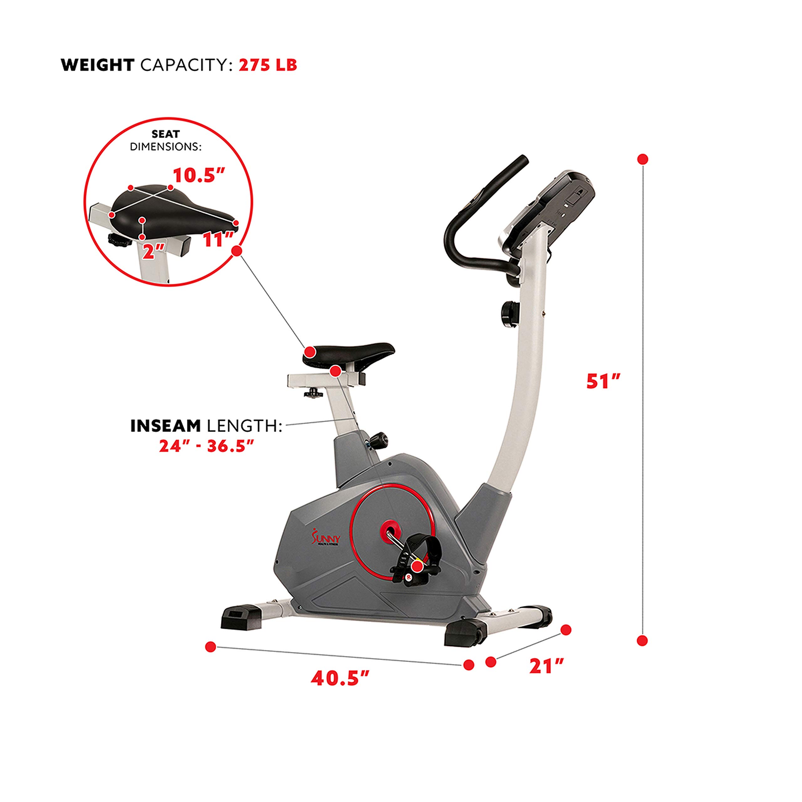 Sunny Health & Fitness Stationary Exercise Bike with Pulse Sensor, 4-Way Adjustable Seat & Bluetooth Connectivity - Home Cardio Workout Machine with Optional Resistance Bands & Free SunnyFit App - Perfect for Indoor Cycling, Weight Loss & Home Gym Training