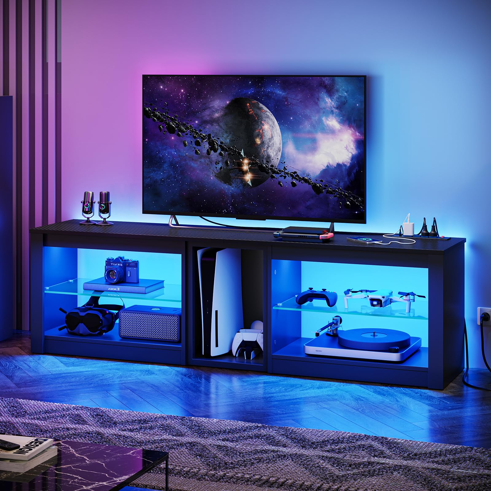 Bestier 70 Inch TV Stand with Power Outlets & LED Lights - Modern Entertainment Center for PS5, Xbox & Gaming Consoles - Black Carbon Fiber TV Console with Tempered Glass Shelves - Perfect for Living Room & Home Theater Setup