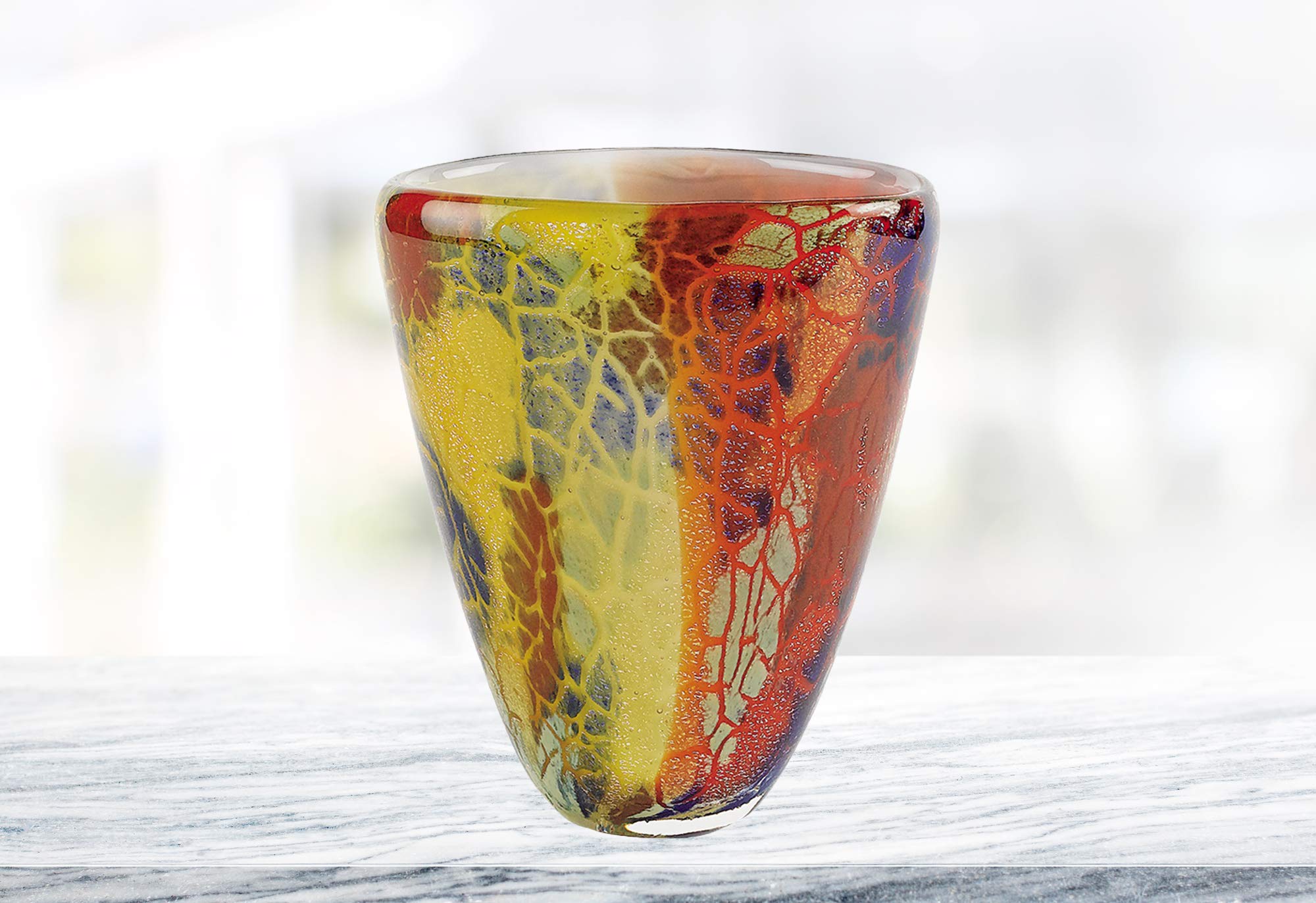 Handmade 'Firestorm' Murano Art Glass Oval Flower Vase - 7 Inch Decorative Vase for Home, Wedding Centerpiece, Luxury Gift & Table Decor