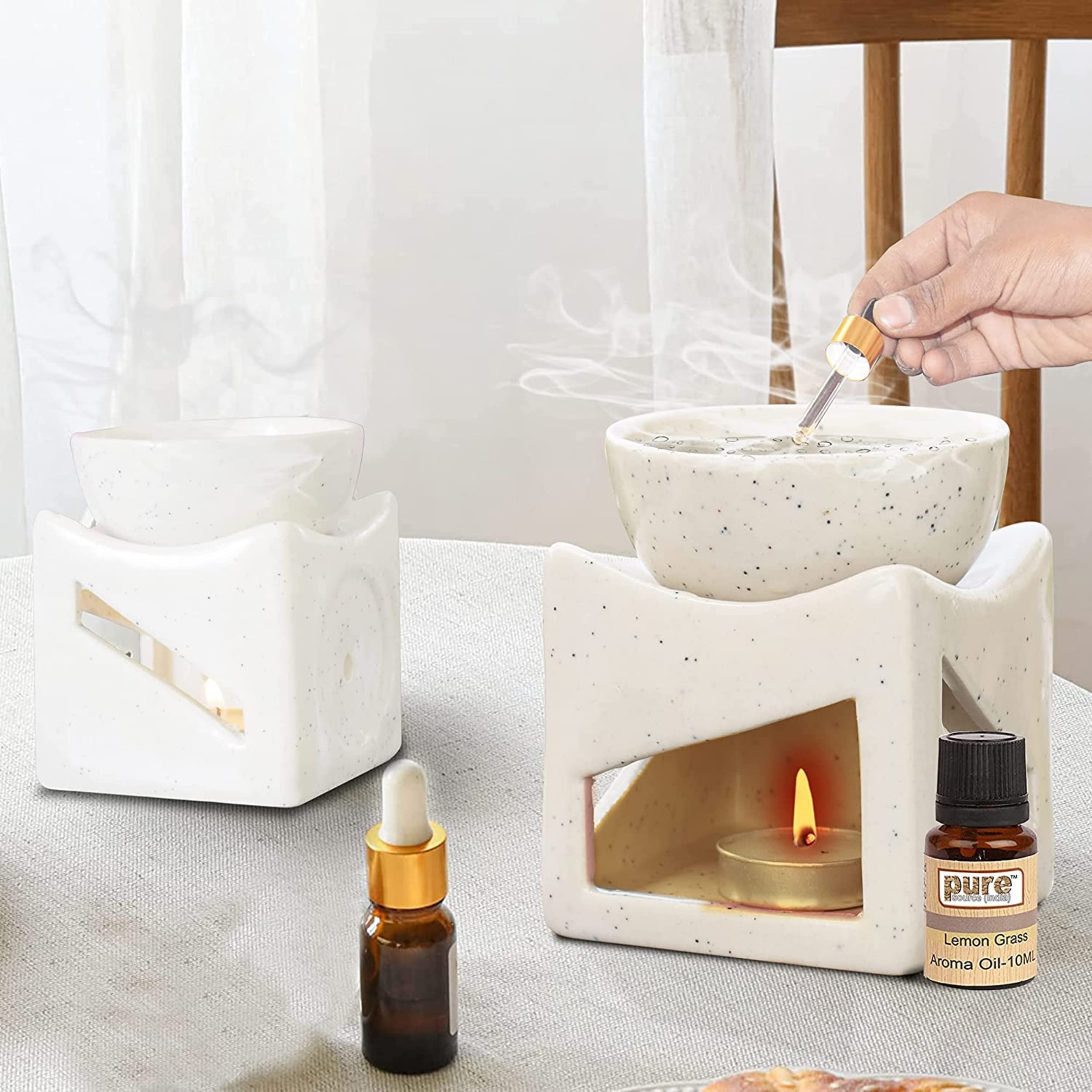 Pure Source India Ceramic Clay Candle Operated Aroma Diffuser - Extra Large 4 Inch Oil Burner Bowl with Tealight (White Dotted) - Perfect for Home Aromatherapy, Yoga Meditation & Relaxation Spaces