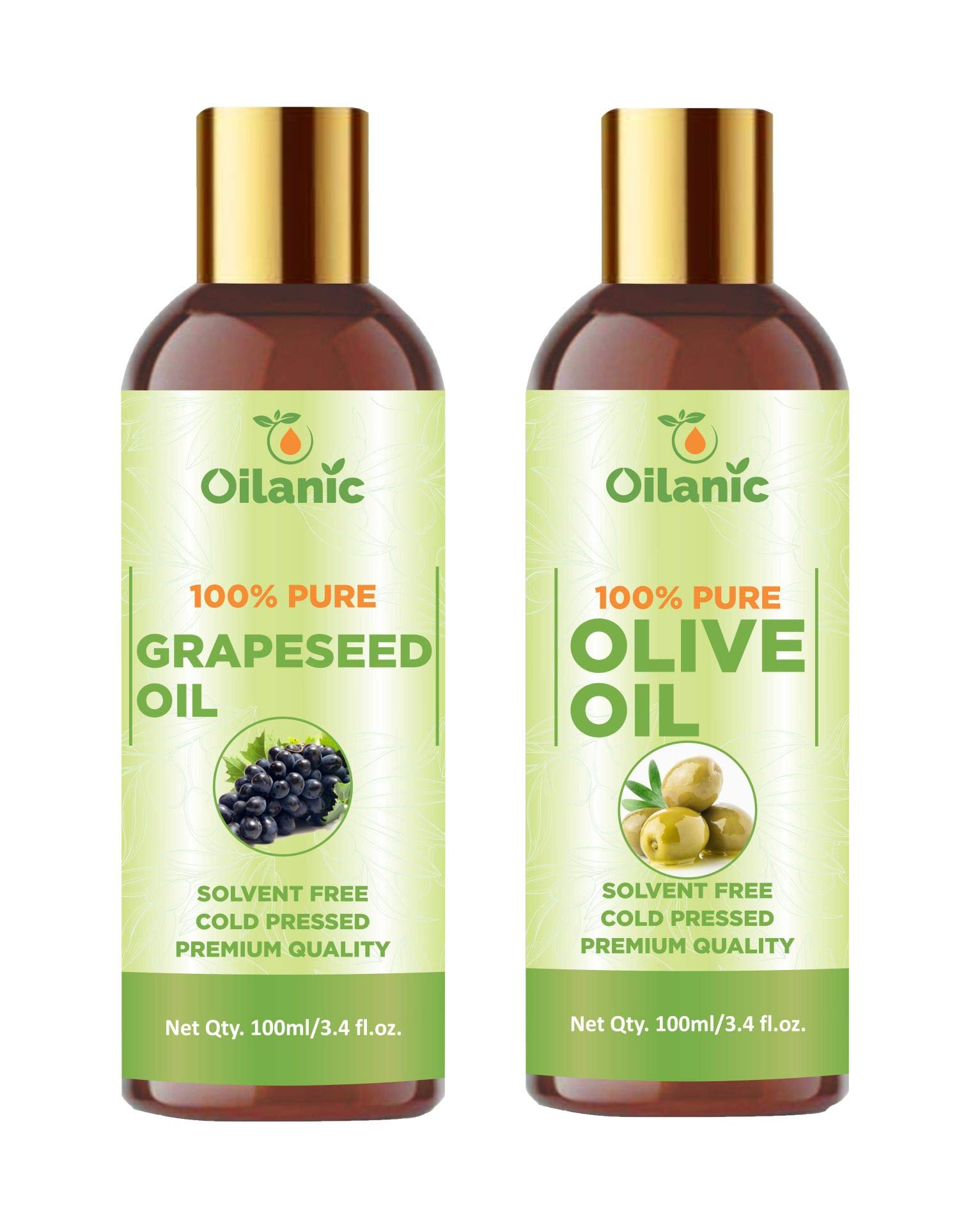 Oilanic 100% Pure Natural Grapeseed Oil & Olive Oil Combo Pack - 2 Bottles (100ml Each, Total 200ml) for Cooking, Skincare & Hair Care