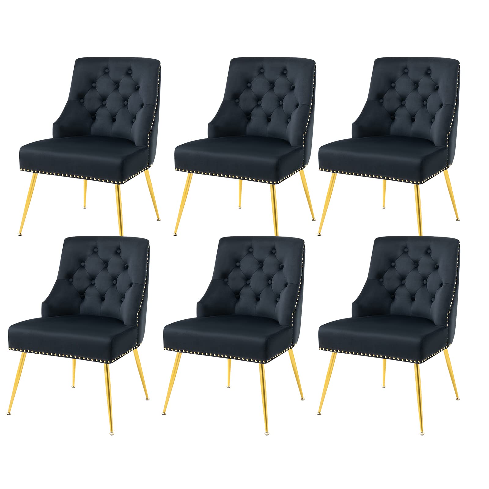 Luxury Velvet Dining Chairs Set of 6 - Modern Mid-Back Upholstered Button-Tufted Armless Chairs with Gold Metal Legs for Kitchen, Dining Room & Living Room - Elegant Home Decor for Dinner Parties & Family Gatherings (Black)