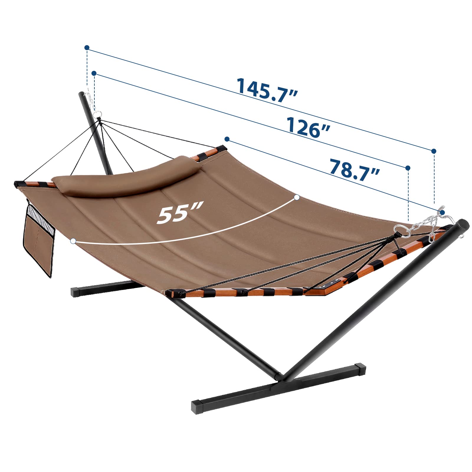 TegerDeger 12FT 2 Person Hammock with Stand - 450LB Capacity Large Outdoor Hammock (55 x 79IN) with Hardwood Spreader Bar & Durable Nylon Rope - Perfect for Patio, Garden, Backyard, Beach, Poolside Relaxation - Brown