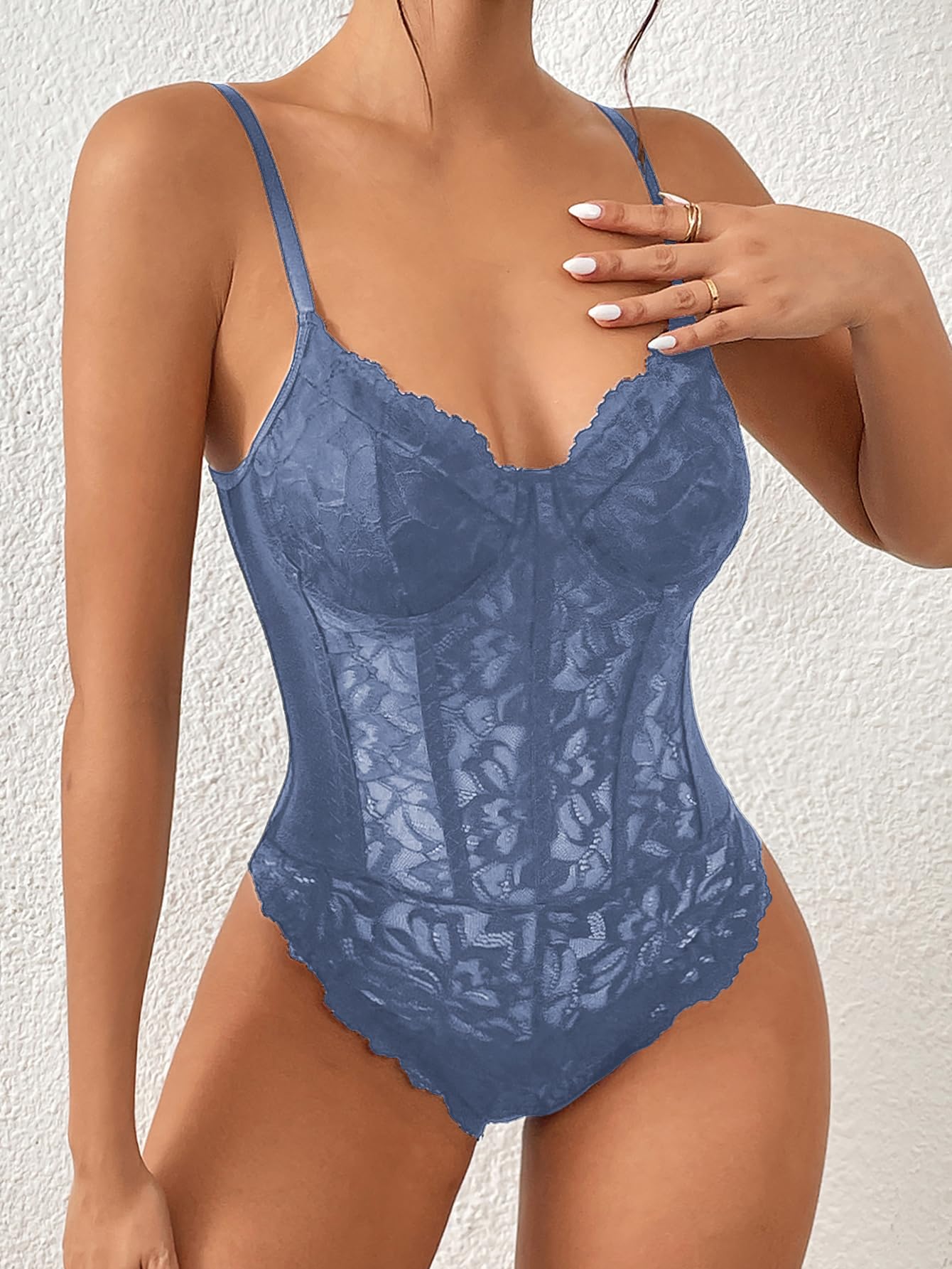 Milumia Women's Floral Lace Sheer Mesh Corset Bodysuit - Sexy Spaghetti Strap Cami Top for Date Night, Club Wear & Special Occasions