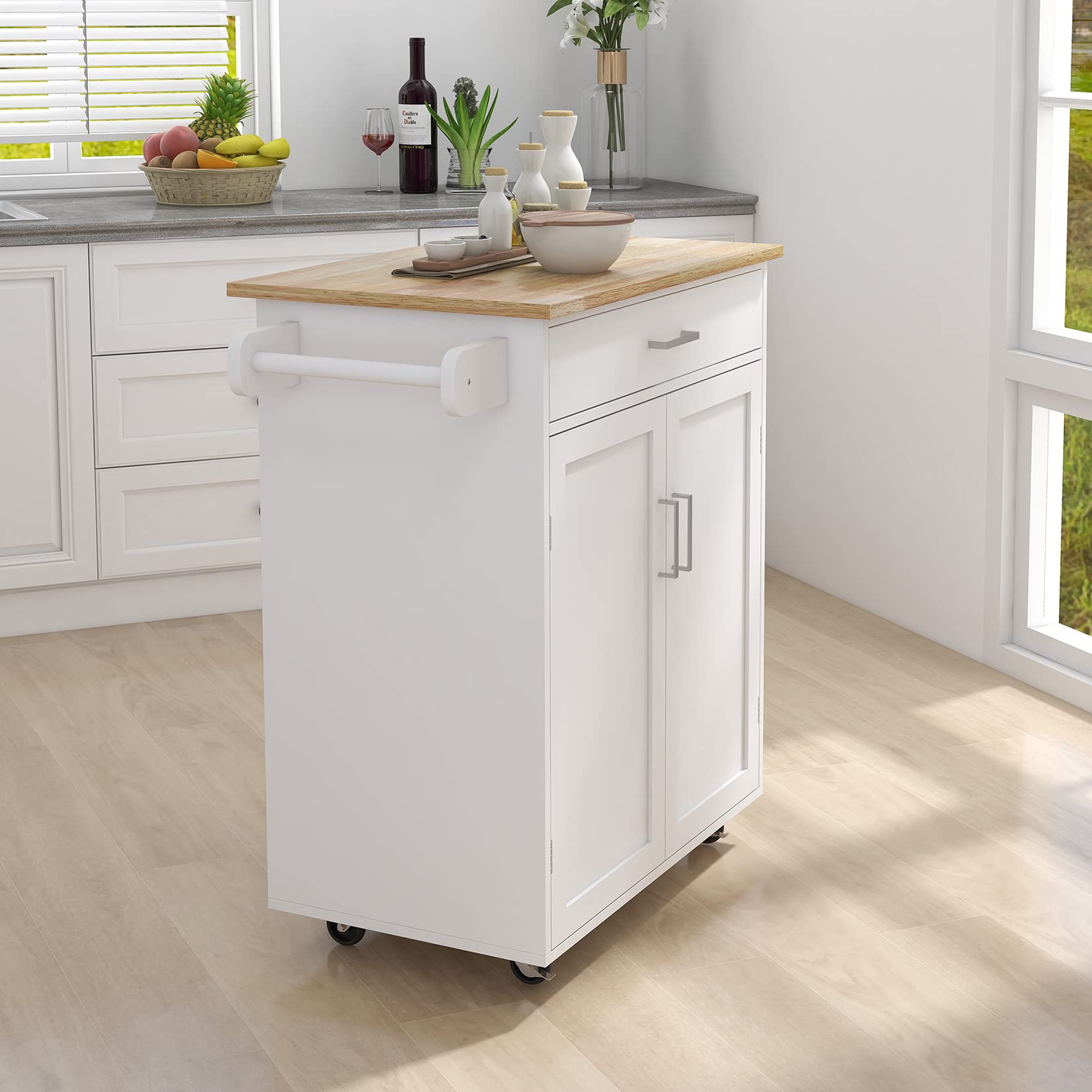 Rolling Kitchen Cart with Towel Rack - Mobile Serving Cart with Rubber Wood Countertop, Storage Cabinet & Adjustable Shelves - Perfect for Dining Room, Small Kitchen & Party Serving