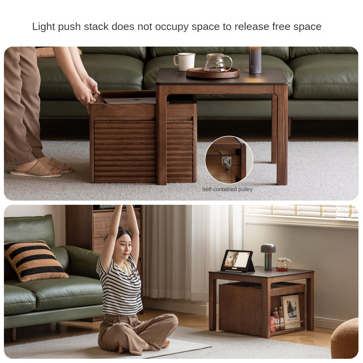 Solid Oak and Black Walnut Wood Rocking Coffee Table - Rustic Movable Side Table for Living Room, Patio, or Outdoor Use