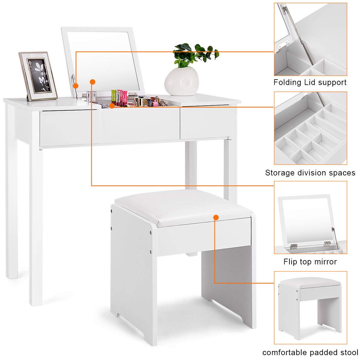 Casart White Bathroom Vanity Dressing Table with Flip Top Mirror, 2 Drawers & 3 Removable Organizers - Perfect for Small Spaces, Makeup Storage & Home Organization