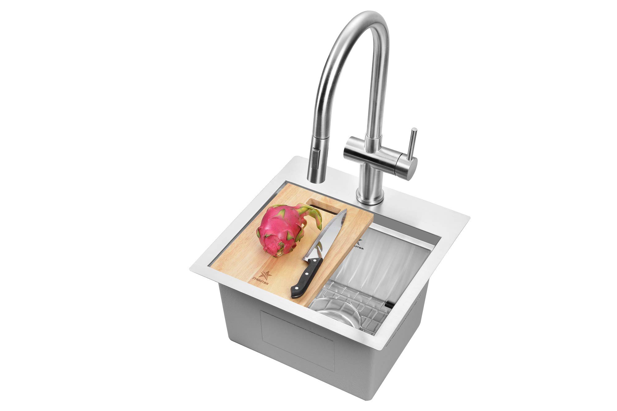 Premium 304 Stainless Steel Single Bowl Workstation Sink - Drop-in/Topmount for Kitchen, Bar, Laundry & Office - Includes Grid, Cutting Board & Strainer Basket (19