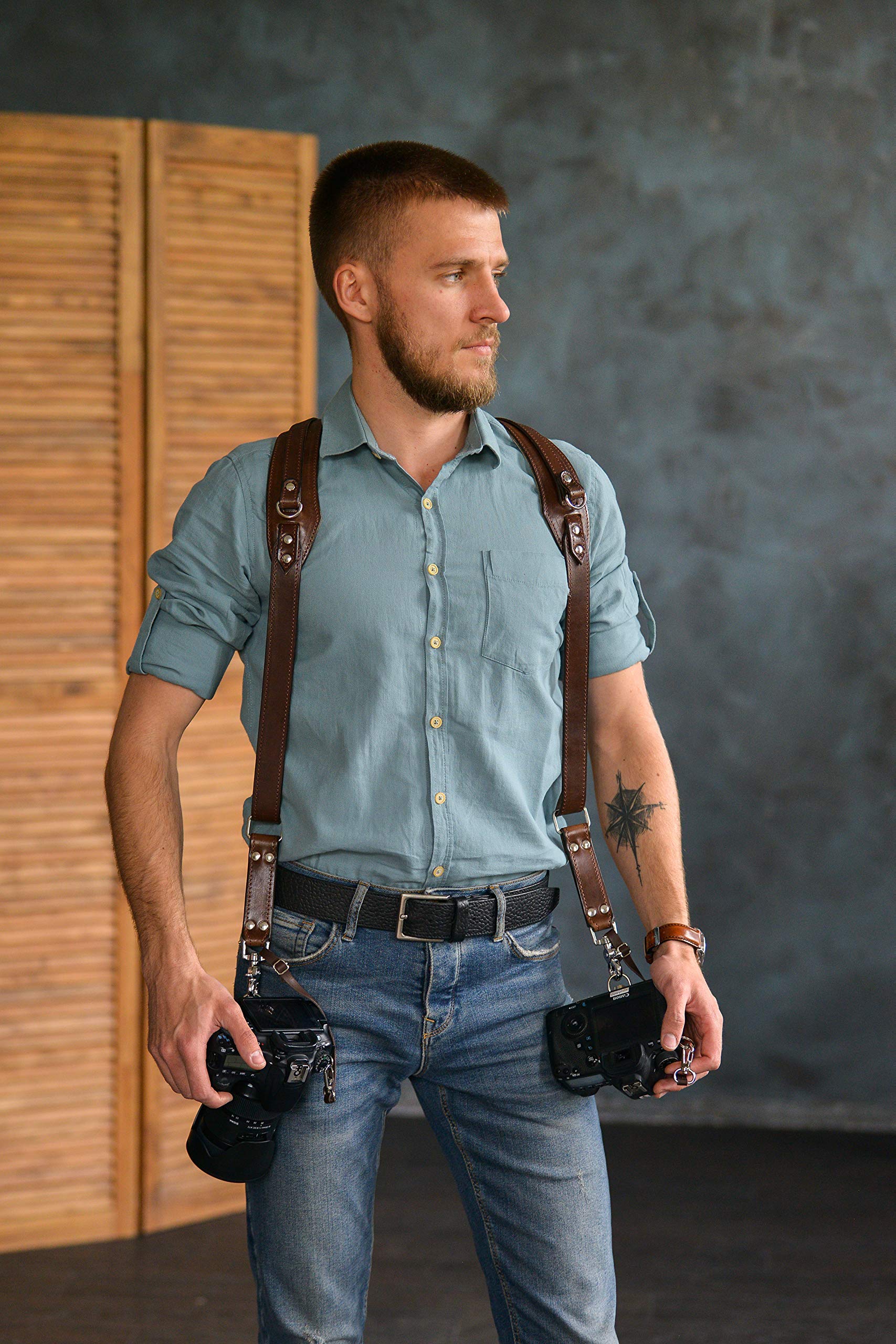 Premium Leather Dual Camera Harness for DSLR/SLR - Soft Padded Shoulder Strap with Adjustable Straps | Perfect for Wedding Photography, Travel & Outdoor Shooting
