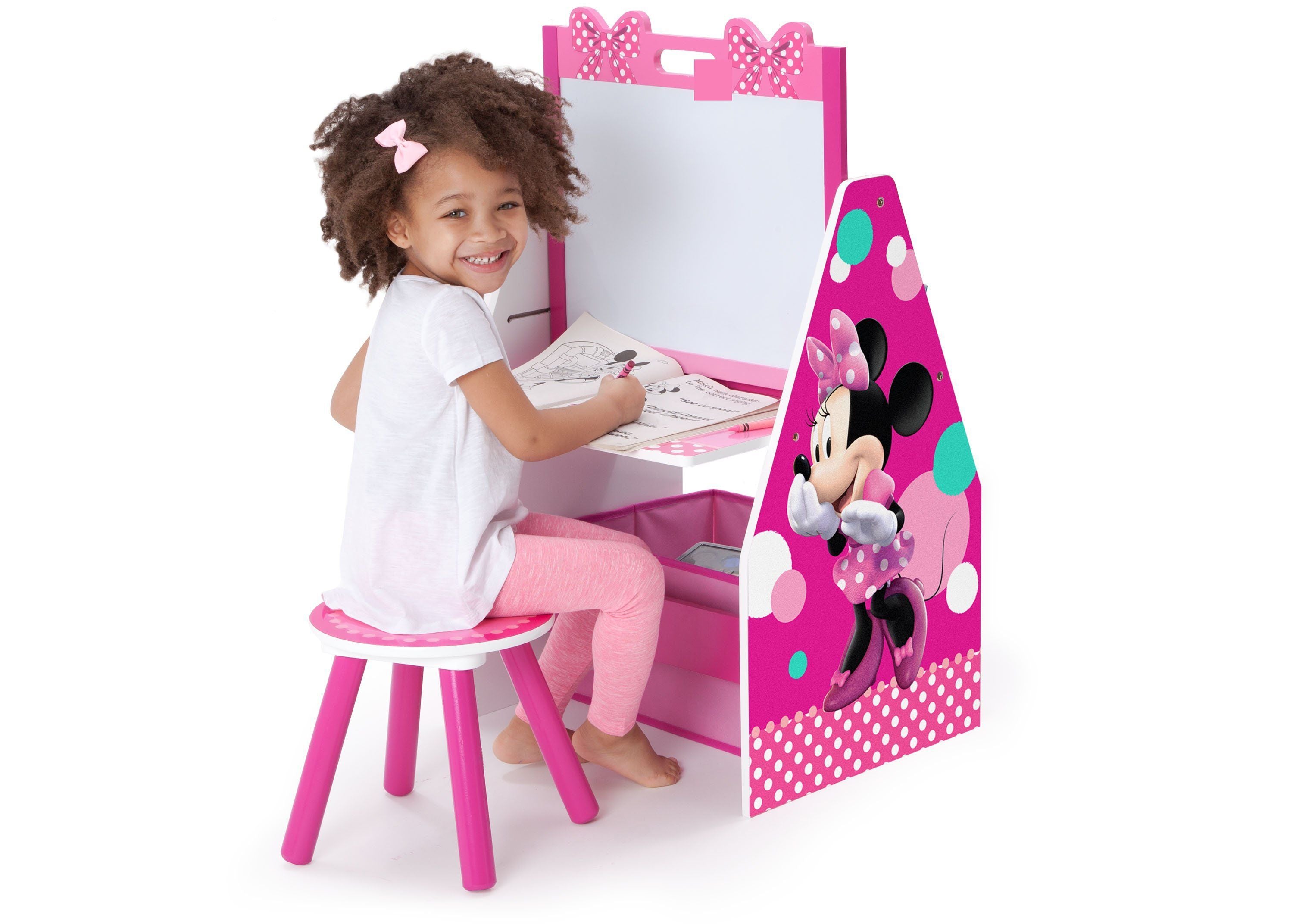 Minnie Mouse Deluxe Kids Art Table with Easel, Desk, Stool & Toy Organizer - Perfect for Creative Play, Learning & Room Organization