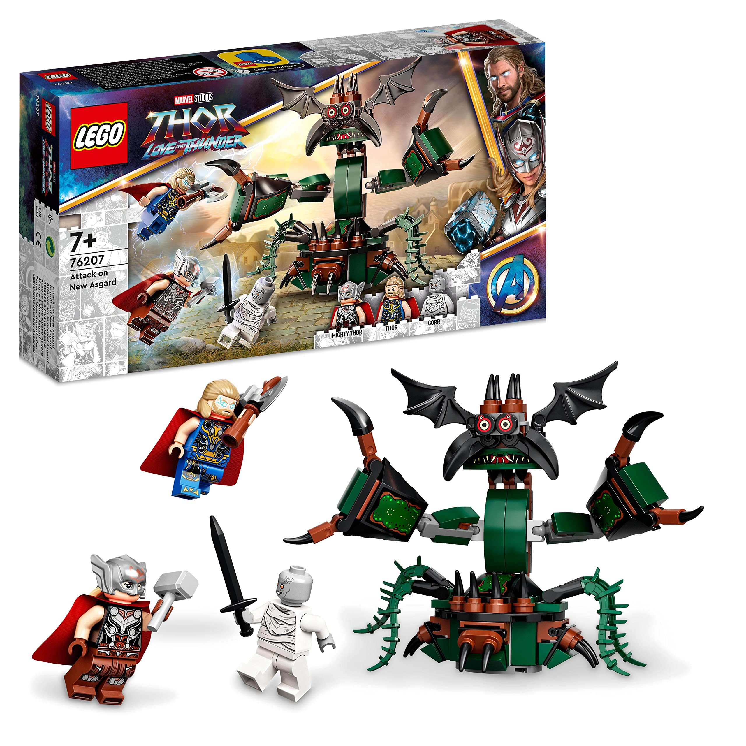 LEGO 76207 Marvel Attack on New Asgard Building Toy Set with Thor & Avengers Minifigures and Mjolnir Hammer - Creative Play for Kids Ages 7+ | Superhero Battles, Gift for Marvel Fans, Birthday Present Idea