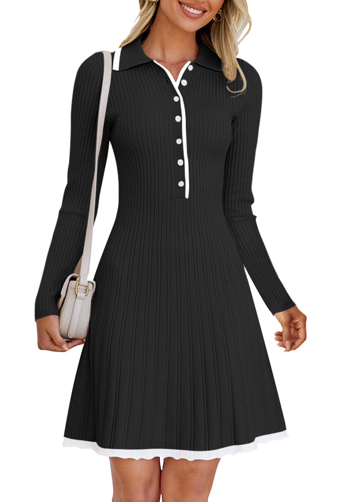MEROKEETY Women's Long Sleeve V Neck Sweater Dress - 2025 Spring Button Knit Pleated Mini Dress for Work, Office & Casual Wear | Soft Stretchy Comfort Fit for Daily Outfits & Special Occasions