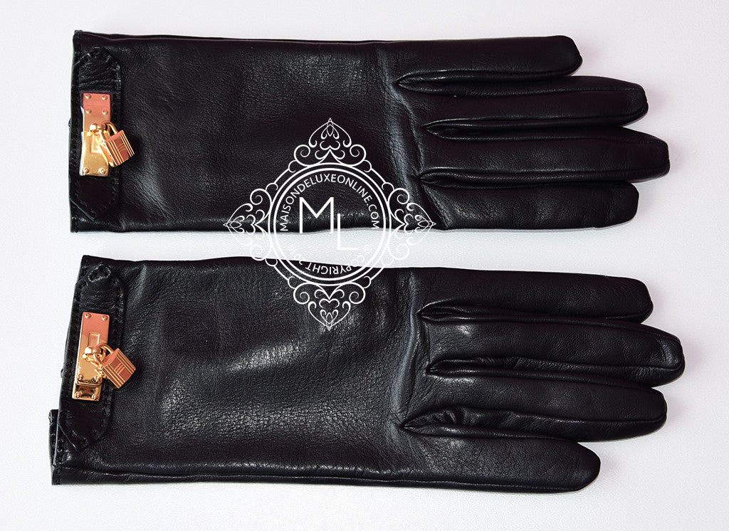 Hermes Black Noir Soya Kelly Lambskin Leather Gloves Size 6.5 - Luxury Winter Accessory for Women, Perfect for Formal Events & Cold Weather Fashion