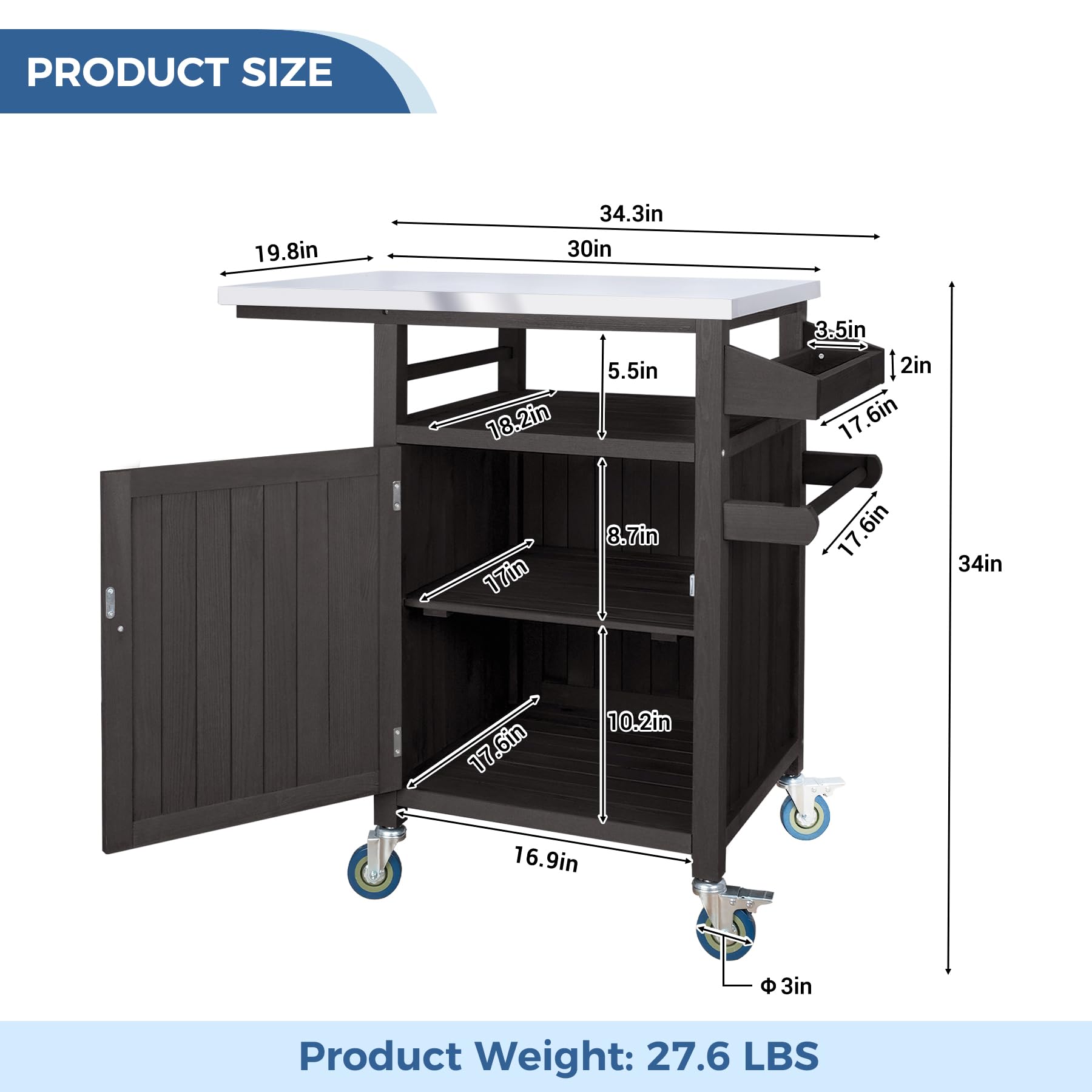 Portable Solid Wood Outdoor Grill Cart with Stainless Steel Top & Spice Rack - Movable BBQ Cooking Table with Storage for Patio, Garden, Backyard & Camping - Perfect for Grilling, Entertaining & Outdoor Dining