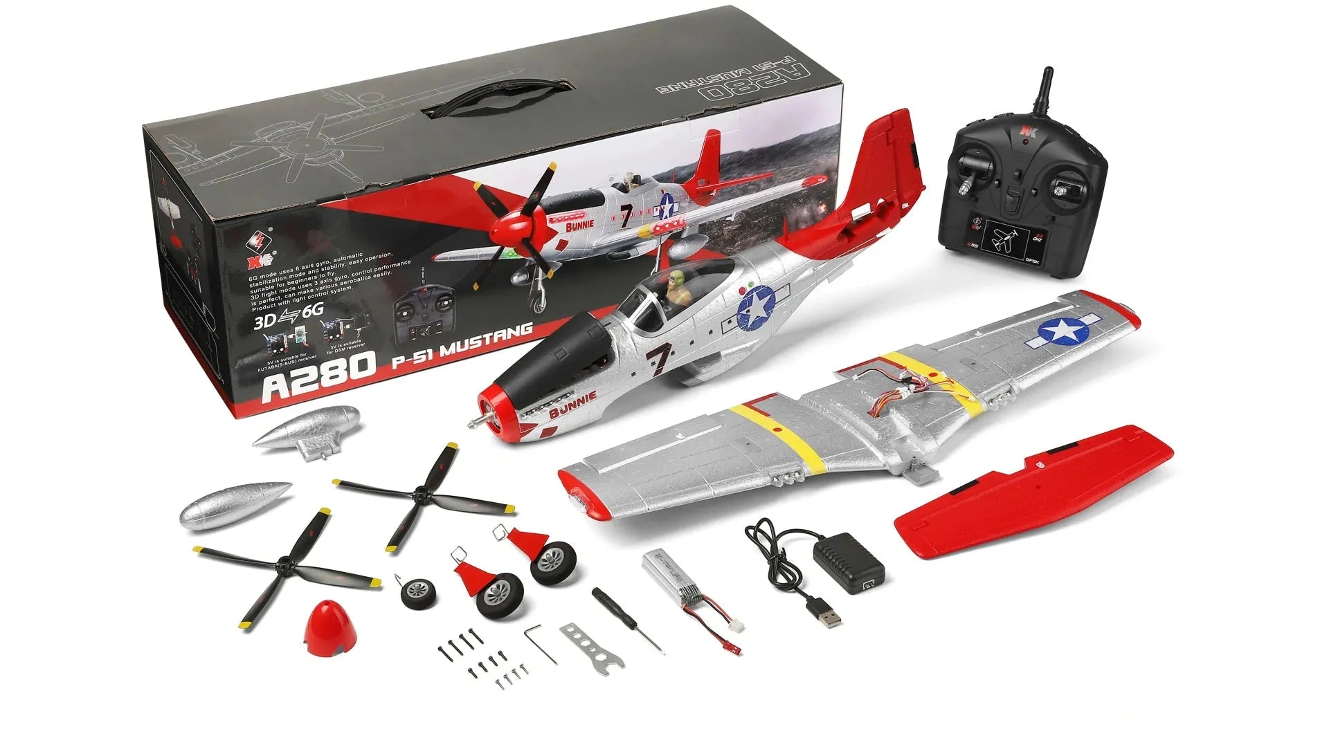 WLTOYS XK A280 560mm P51 Mustang RC Airplane - 2.4GHz 4CH EPP Fighter with 3D/6G System & LED Lights - Ready to Fly (RTF) - Perfect for Outdoor Flying, Aerial Stunts, and RC Hobby Enthusiasts