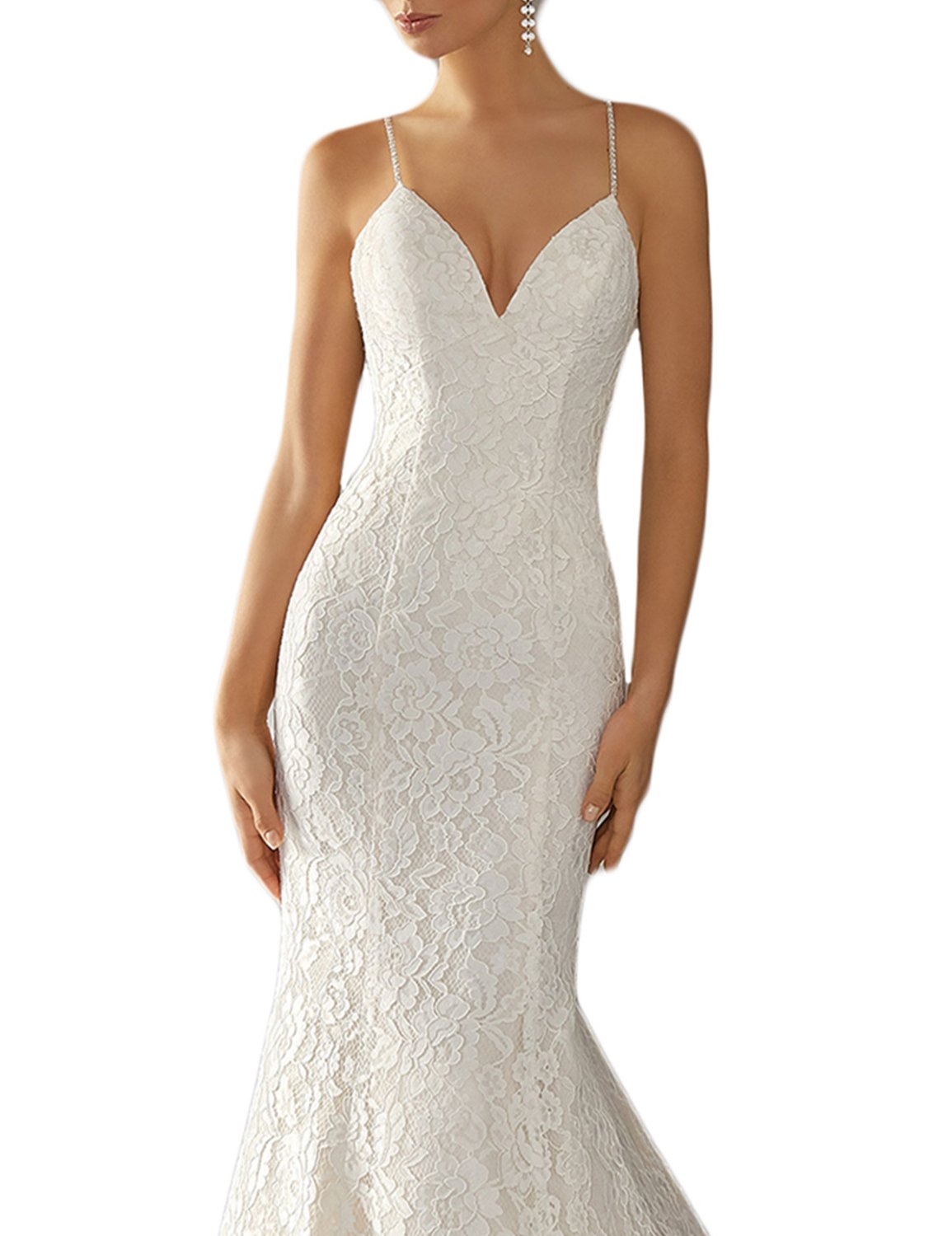 2018 Elegant Spaghetti Strap Lace Wedding Dress for Women - Simple A-Line Sweep Train Formal Gown SHWD10 | Perfect for Beach Weddings, Vow Renewals & Romantic Photoshoots