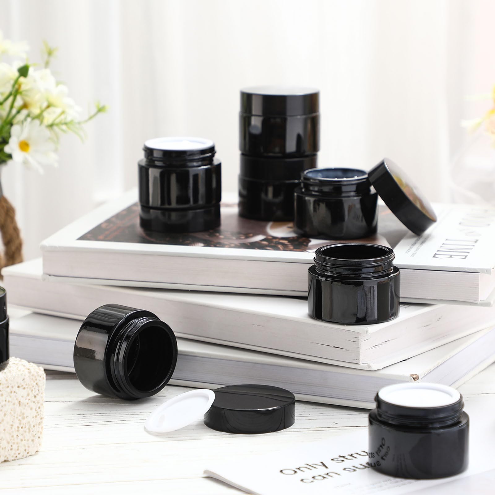 Domensi 60-Pack 1oz Glass Jars with Black Lids - Small Cosmetic Containers for Salves, Lotions, Creams & Travel-Sized Candle Making - Airtight Sample Jars with Inner Liners for DIY Beauty, Skincare & Home Fragrance Projects