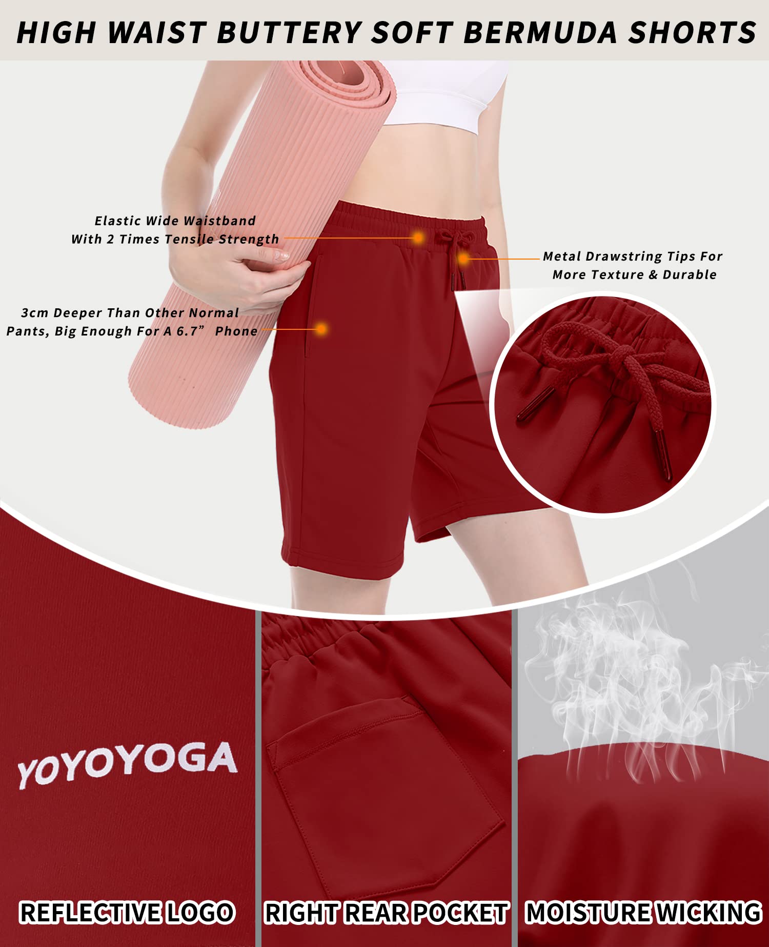 YOYOYOGA Women's Workout Shorts with Pockets - Comfortable Athletic Bermuda Shorts for Yoga, Gym, Running & Casual Wear - Perfect for Fitness, Lounge & Outdoor Activities