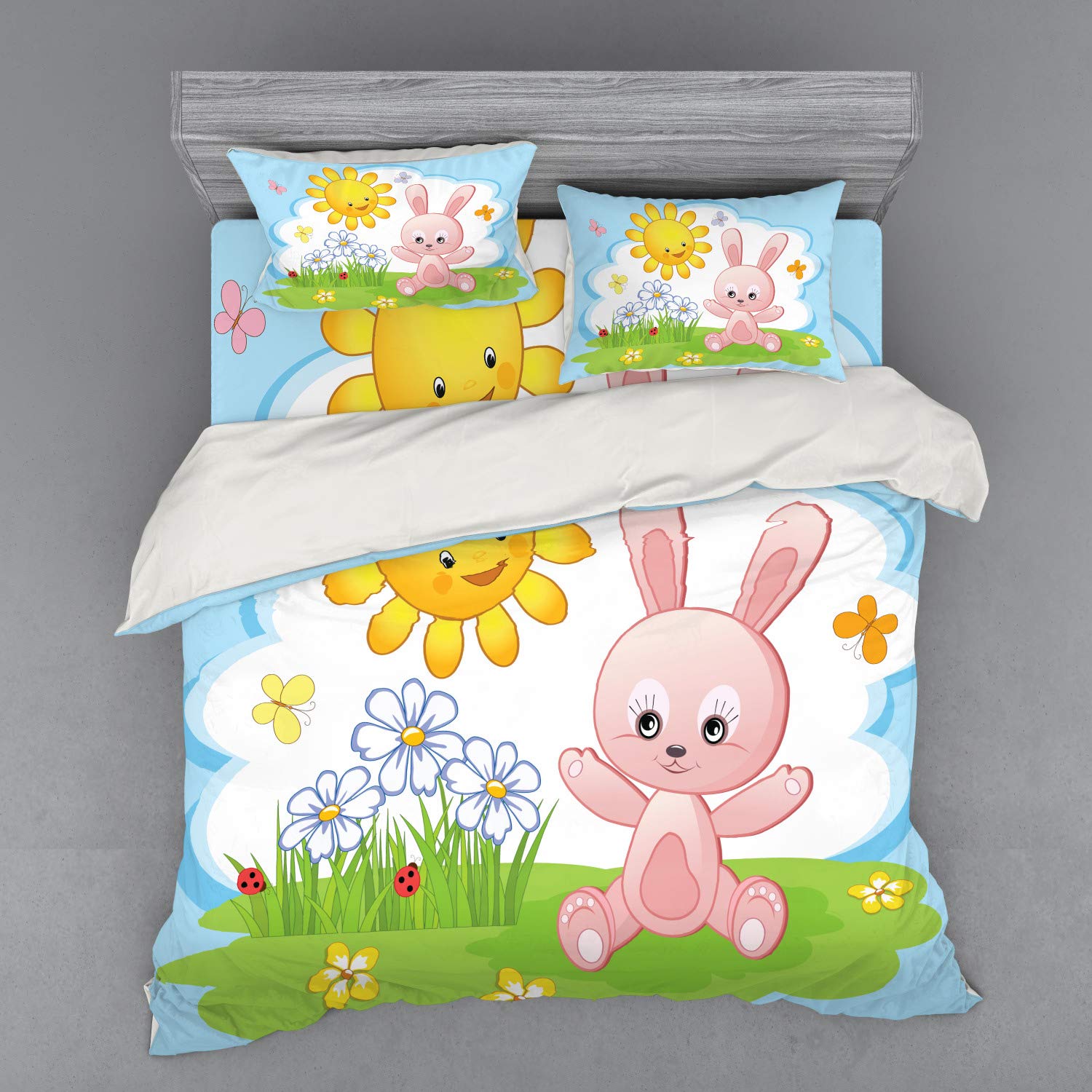 Ambesonne Cartoon Bunny Rabbit in Flower Garden Duvet Cover Set - 3 Piece King Size with Happy Sun, Lady Bugs & Butterfly Print - Soft & Breathable Bedding for Kids, Teens & Adults - Perfect for Spring, Summer & Nursery Decor