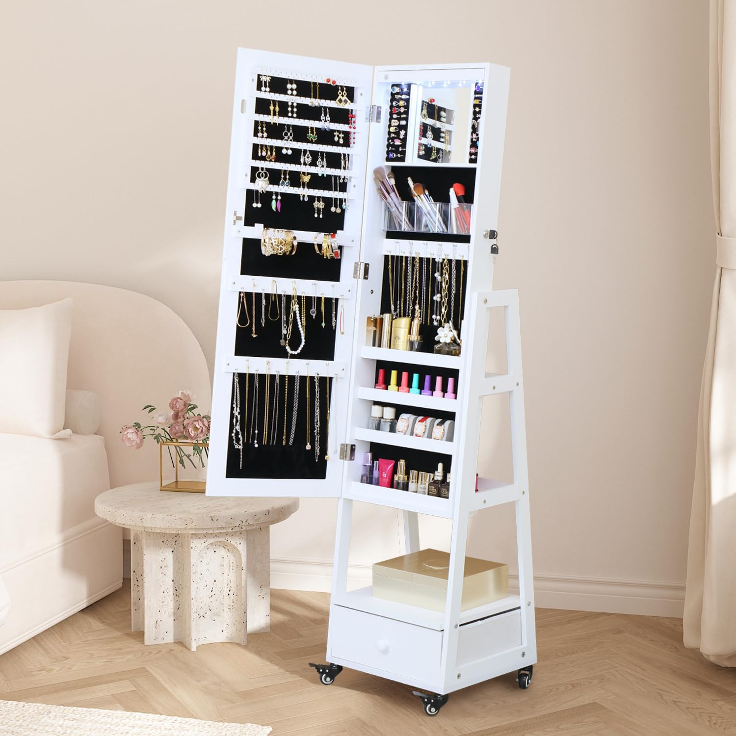 **62 Inch Full Length Mirror Jewelry Cabinet - Standing Jewelry Armoire Organizer with Lockable Storage, Drawers & Wheels - White - Perfect for Bedroom, Closet & Dressing Room**