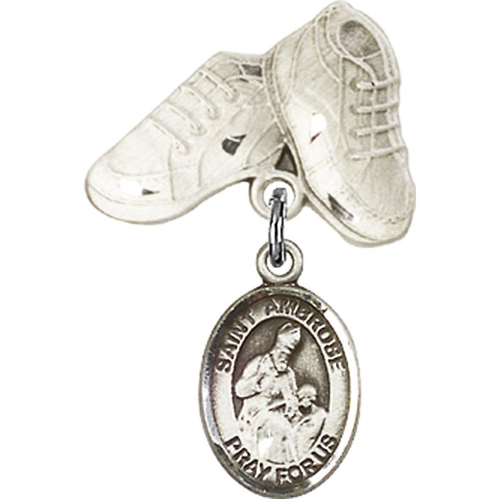 Bonyak Jewelry St. Ambrose Medal - Sterling Silver Baby Badge with Charm & Boots Pin (1 X 5/8 inches) - Perfect for Christening Gifts, Baby Blessings & Catholic Jewelry Collections